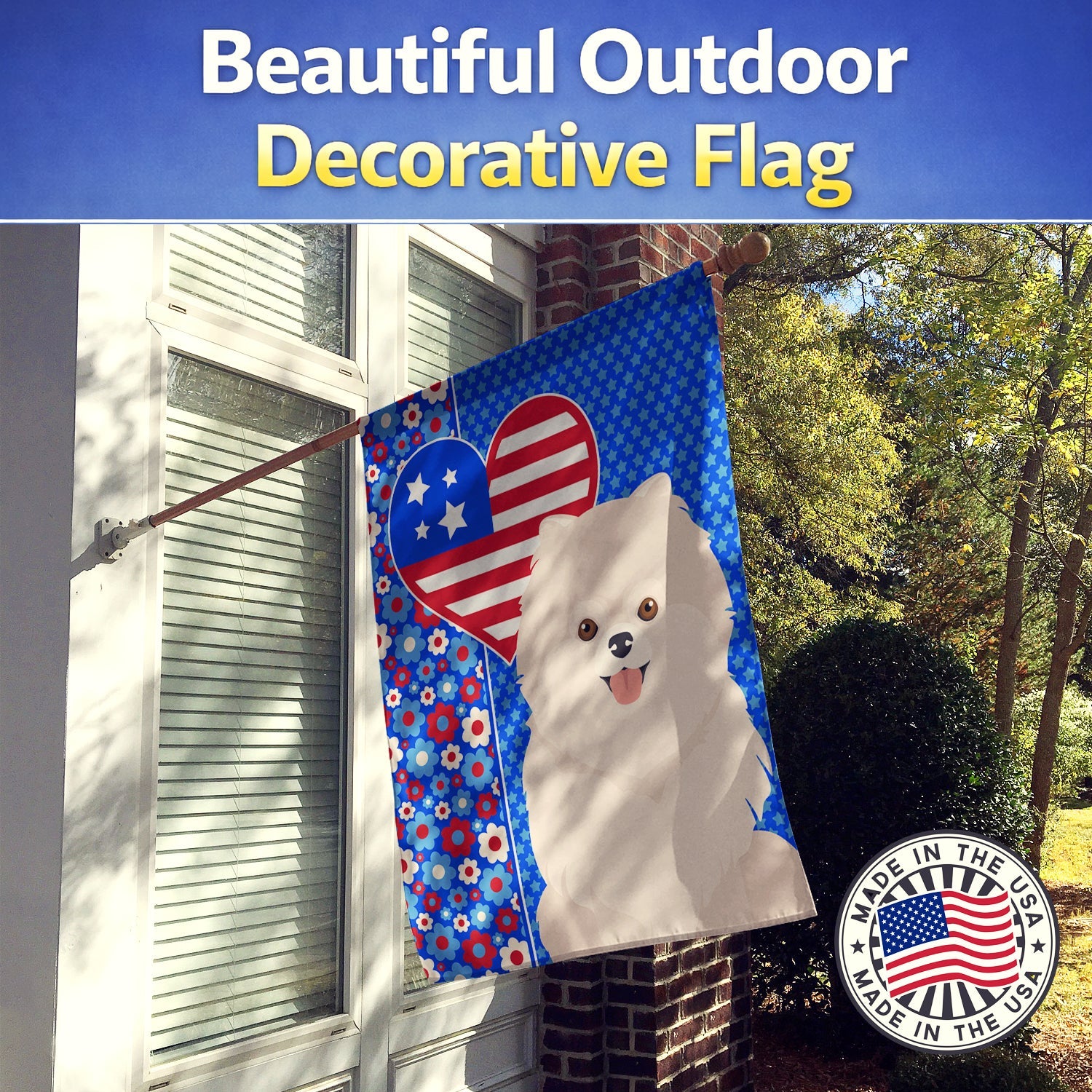 White Pomeranian USA American House Flag 28x40 Porch Sleeve Pole Decorative Outside Yard Banner Artwork Wall Hanging, Polyester