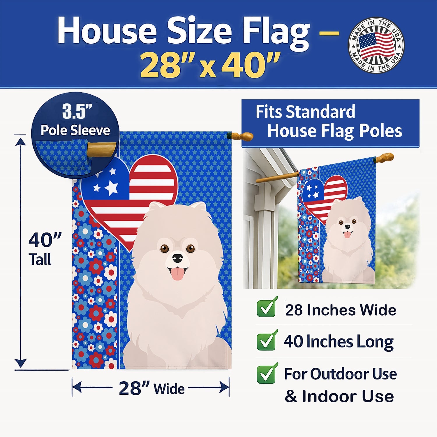 White Pomeranian USA American House Flag 28x40 Porch Sleeve Pole Decorative Outside Yard Banner Artwork Wall Hanging, Polyester