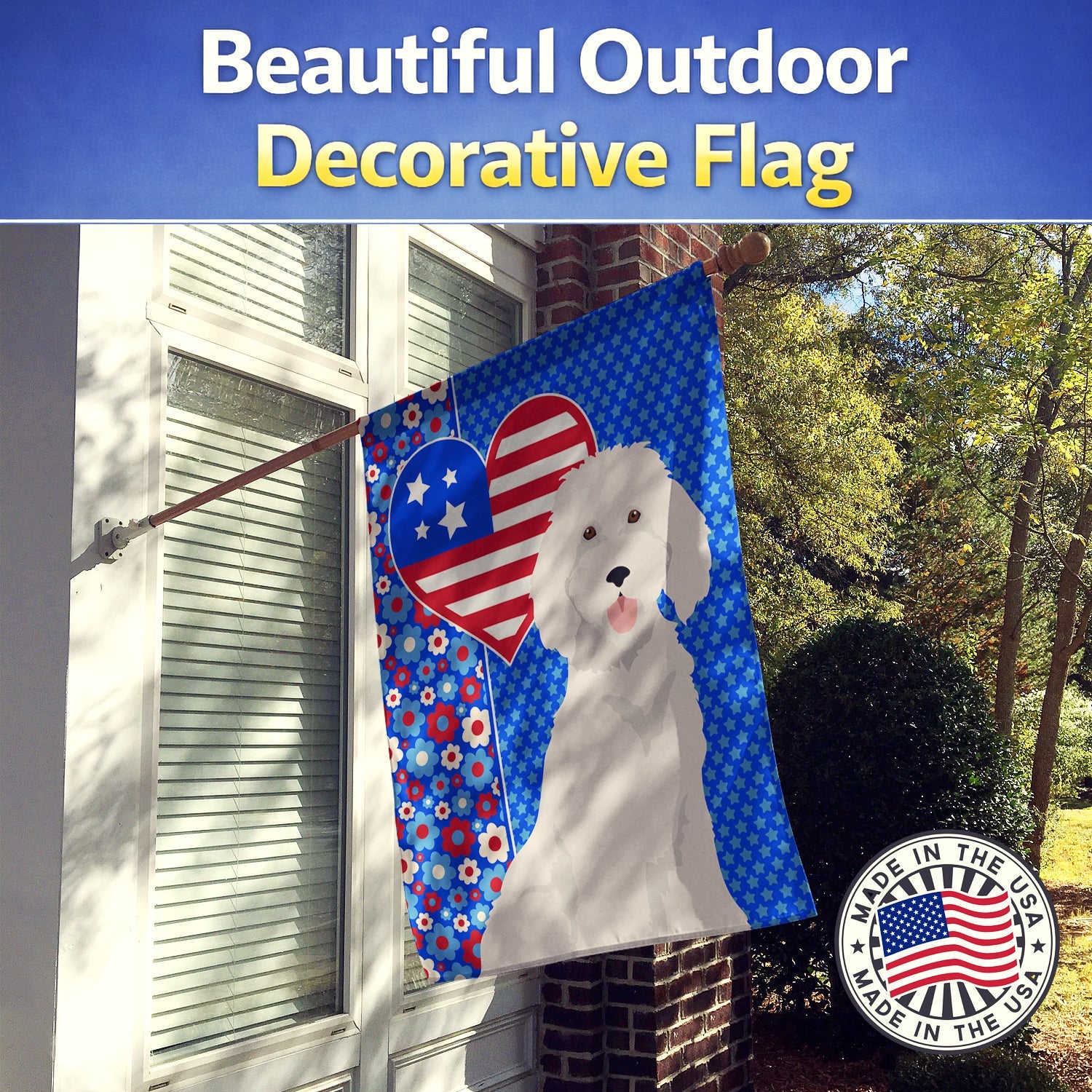 Standard White Poodle USA American House Flag 28x40 Porch Sleeve Pole Decorative Outside Yard Banner Artwork Wall Hanging, Polyester