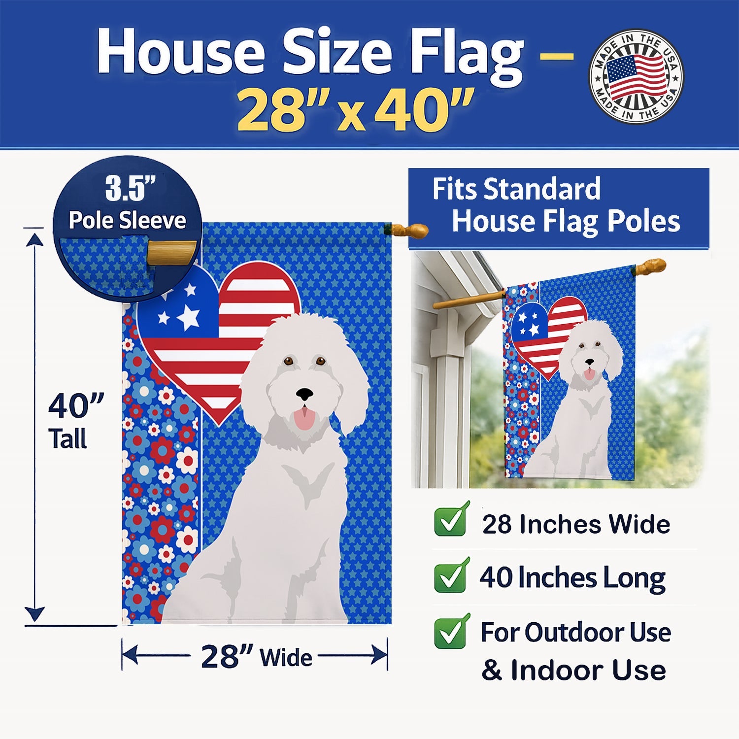 Standard White Poodle USA American House Flag 28x40 Porch Sleeve Pole Decorative Outside Yard Banner Artwork Wall Hanging, Polyester