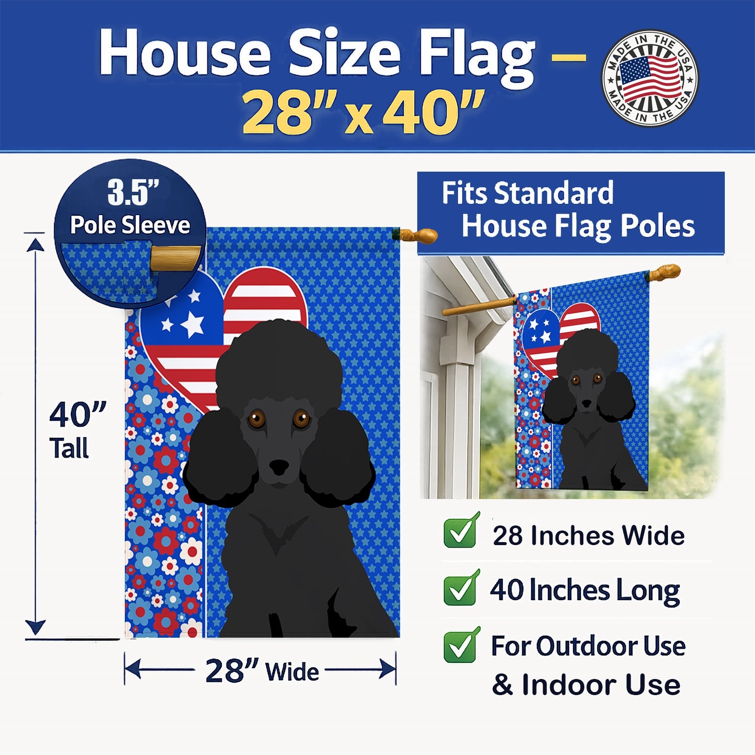 Toy Black Poodle USA American House Flag 28x40 Porch Sleeve Pole Decorative Outside Yard Banner Artwork Wall Hanging, Polyester