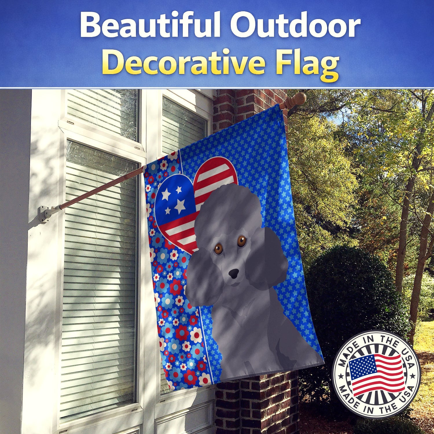 Toy Grey Poodle USA American House Flag 28x40 Porch Sleeve Pole Decorative Outside Yard Banner Artwork Wall Hanging, Polyester