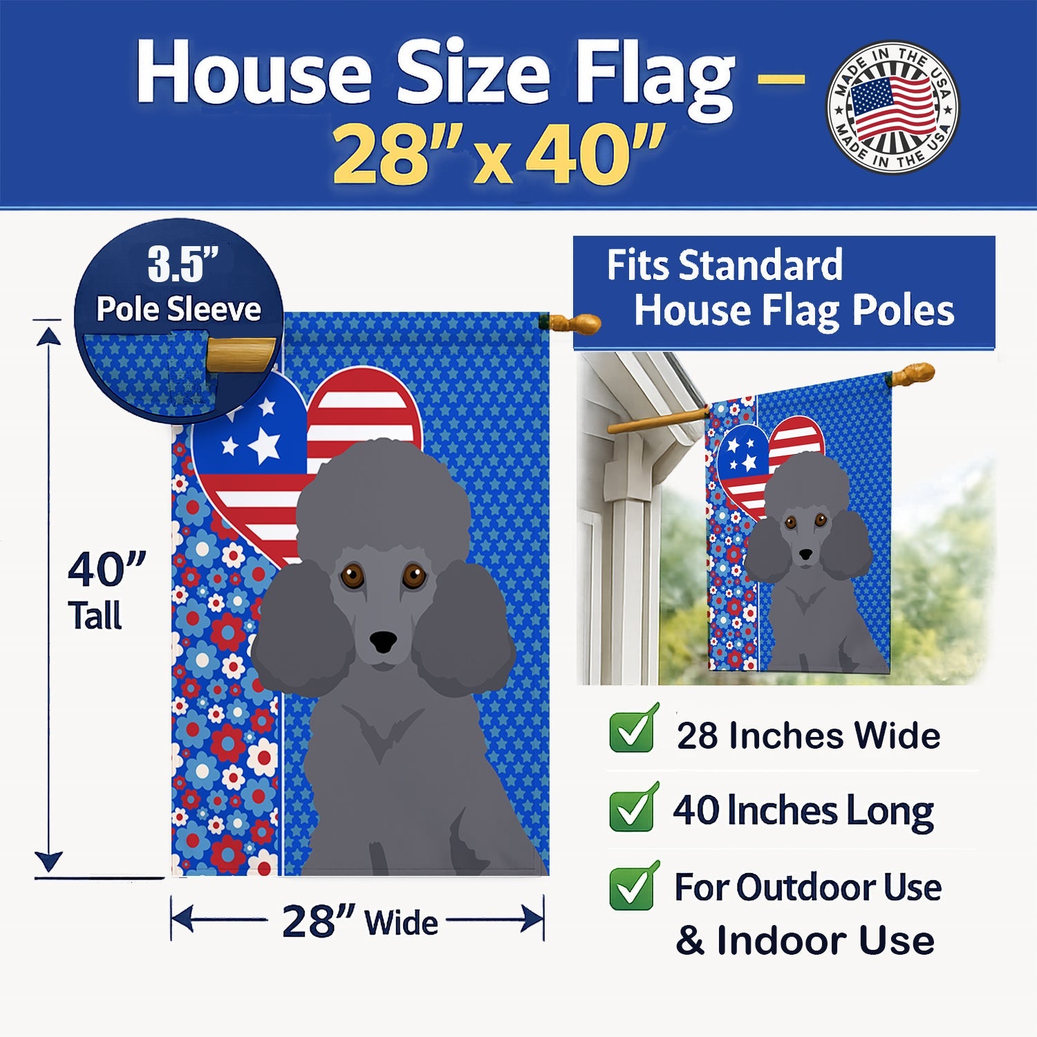 Toy Grey Poodle USA American House Flag 28x40 Porch Sleeve Pole Decorative Outside Yard Banner Artwork Wall Hanging, Polyester