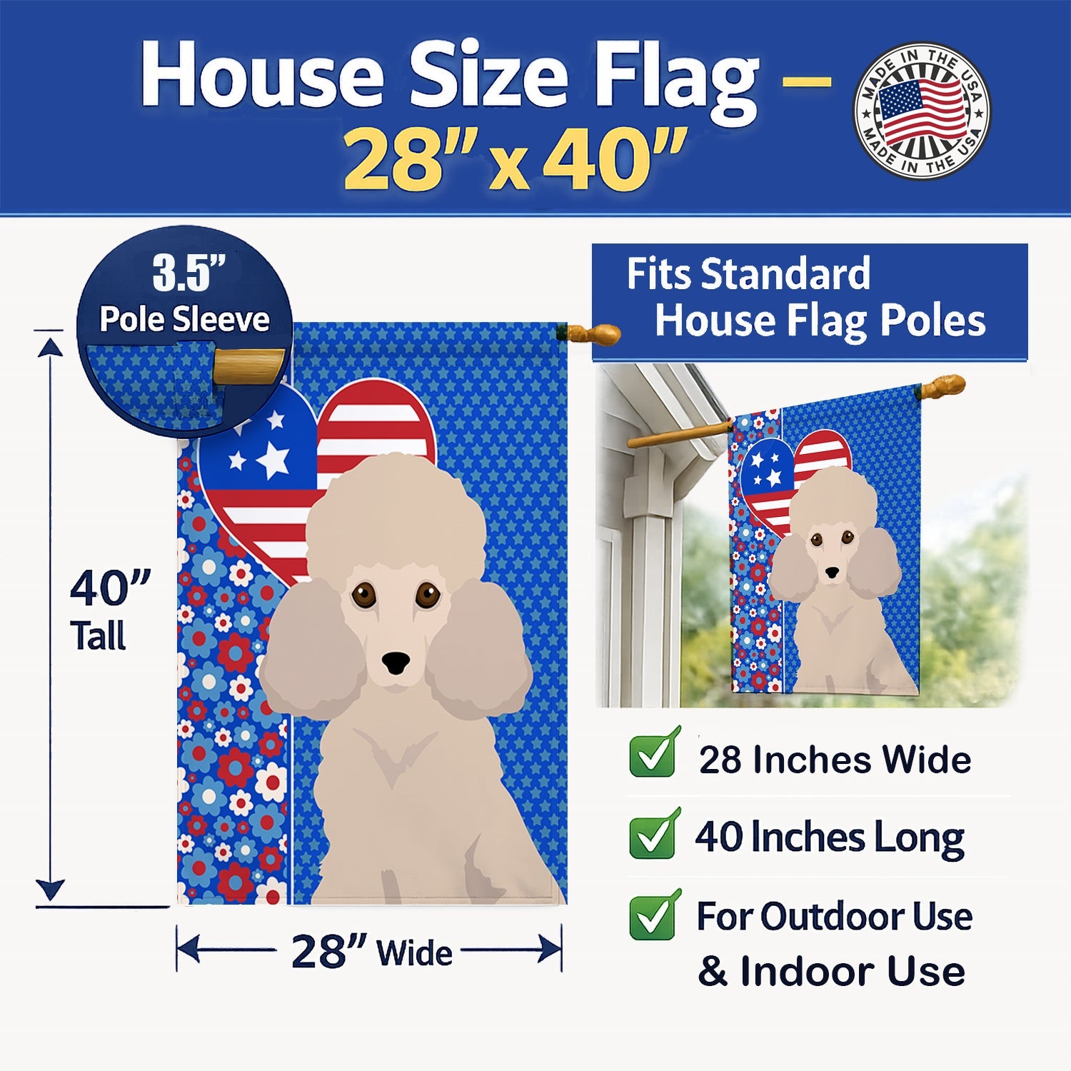 Toy Cream Poodle USA American House Flag 28x40 Porch Sleeve Pole Decorative Outside Yard Banner Artwork Wall Hanging, Polyester