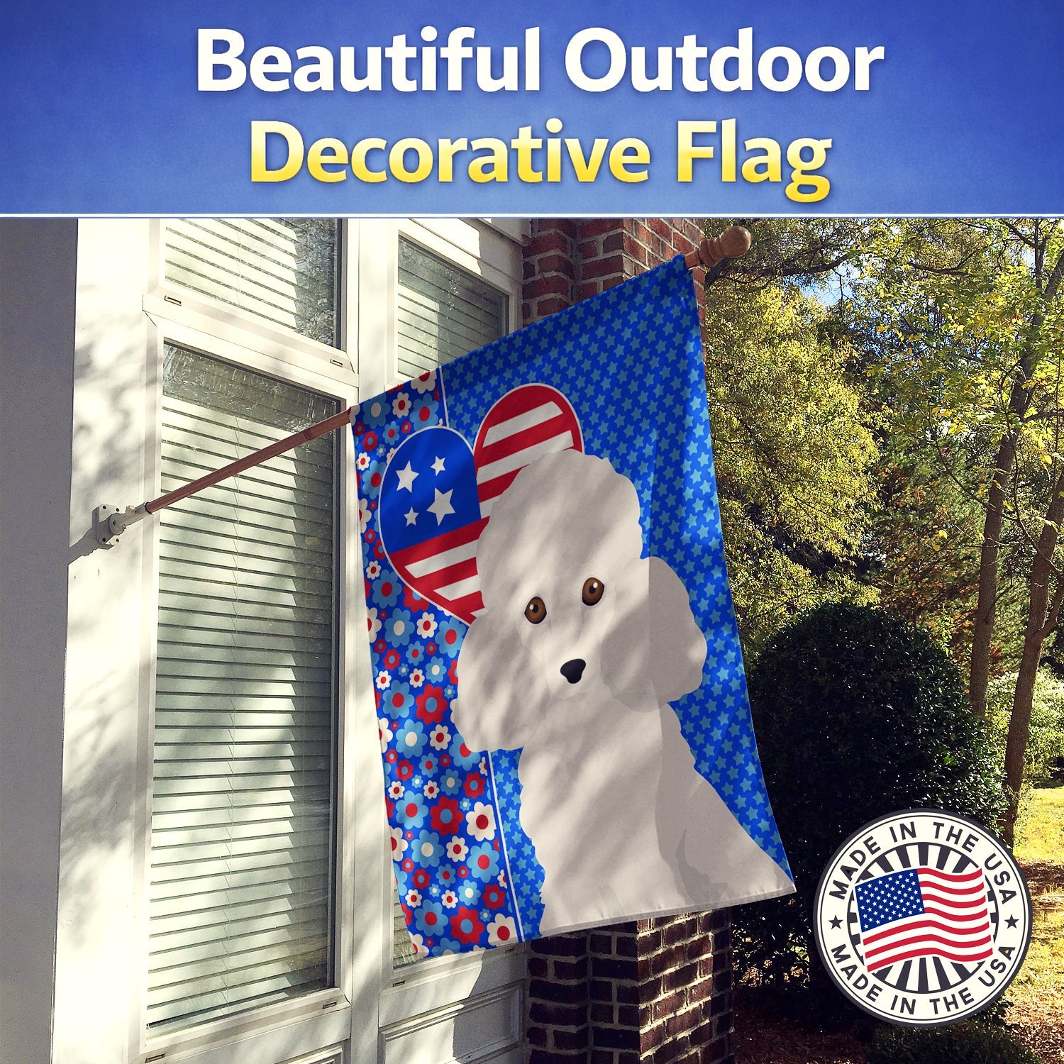 Toy White Poodle USA American House Flag 28x40 Porch Sleeve Pole Decorative Outside Yard Banner Artwork Wall Hanging, Polyester