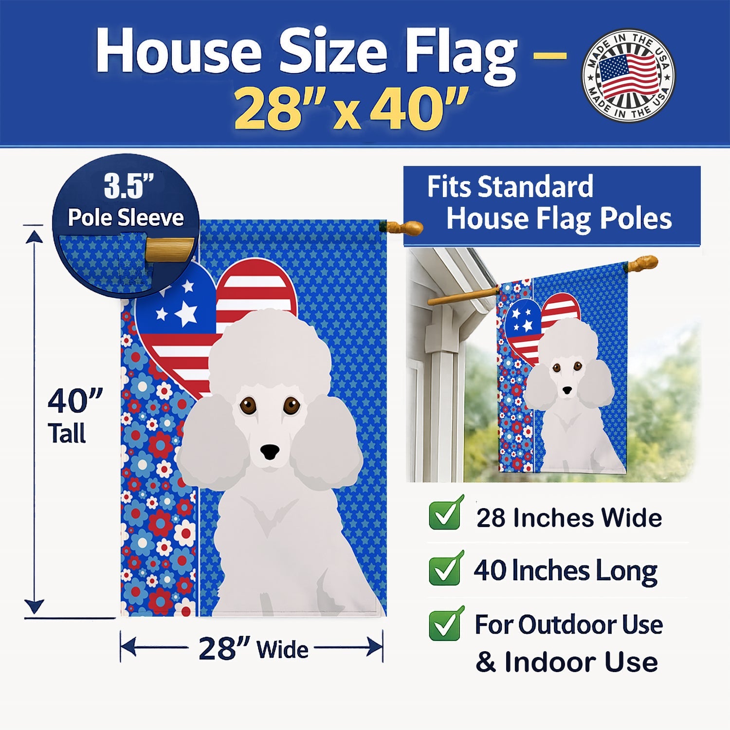 Toy White Poodle USA American House Flag 28x40 Porch Sleeve Pole Decorative Outside Yard Banner Artwork Wall Hanging, Polyester