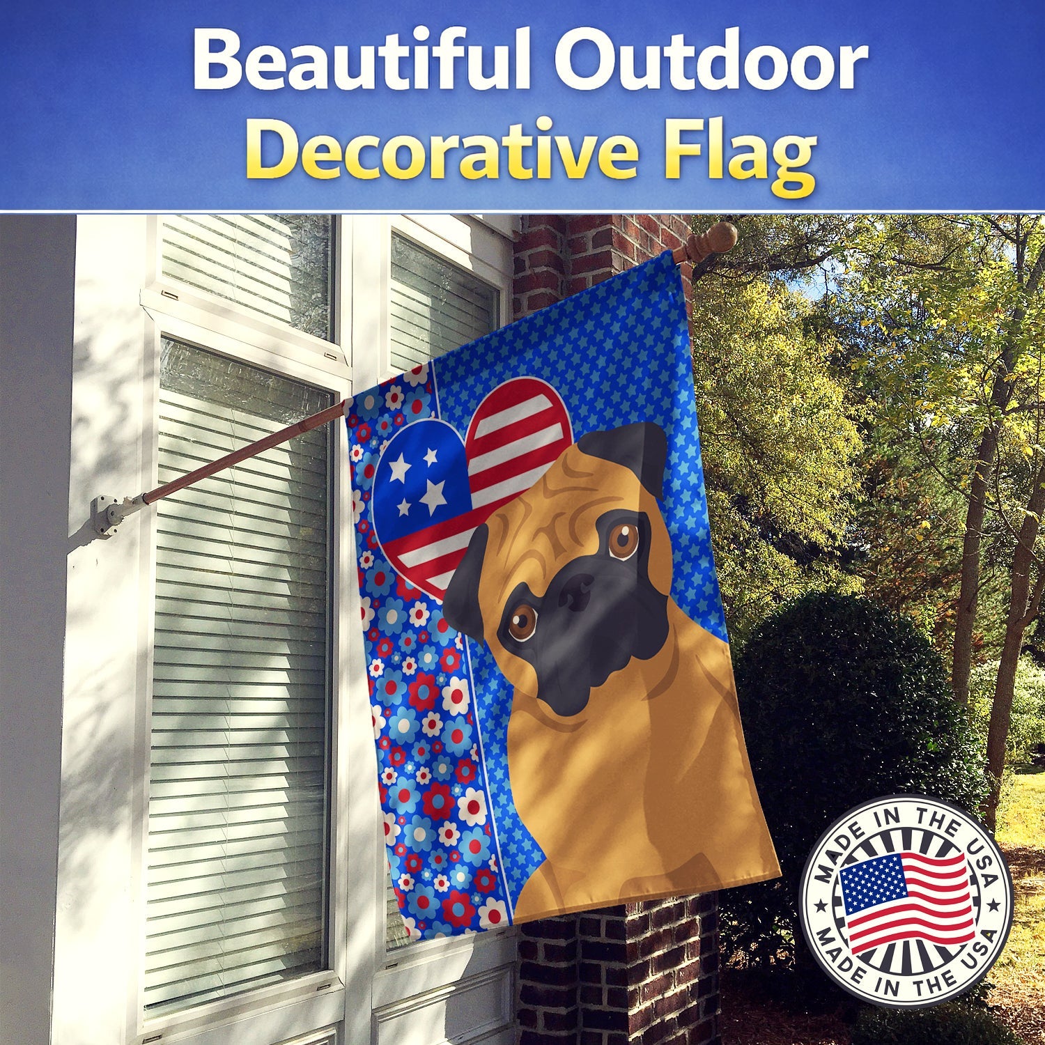 Apricot Pug USA American House Flag 28x40 Porch Sleeve Pole Decorative Outside Yard Banner Artwork Wall Hanging, Polyester