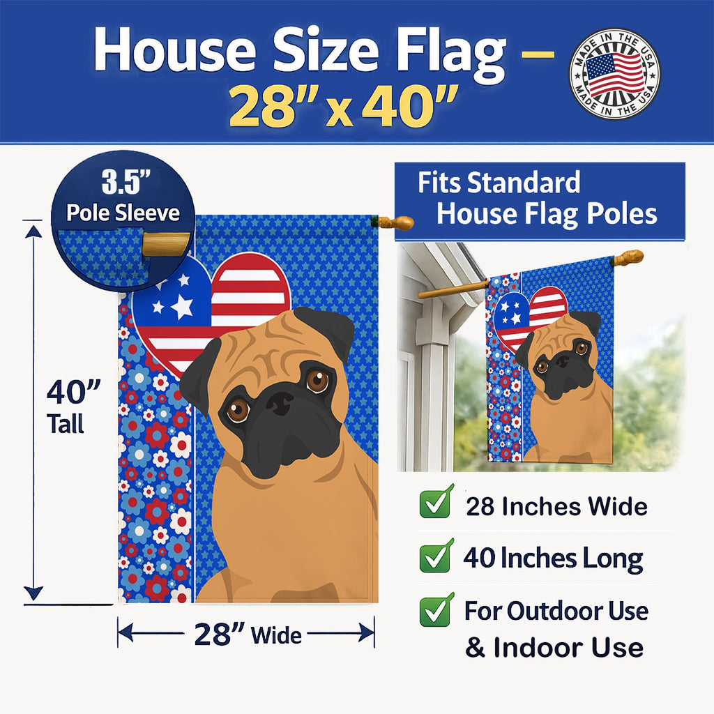 Apricot Pug USA American House Flag 28x40 Porch Sleeve Pole Decorative Outside Yard Banner Artwork Wall Hanging, Polyester