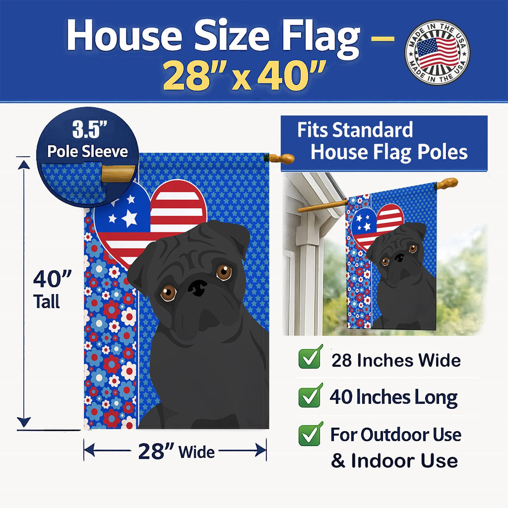 Black Pug USA American House Flag 28x40 Porch Sleeve Pole Decorative Outside Yard Banner Artwork Wall Hanging, Polyester