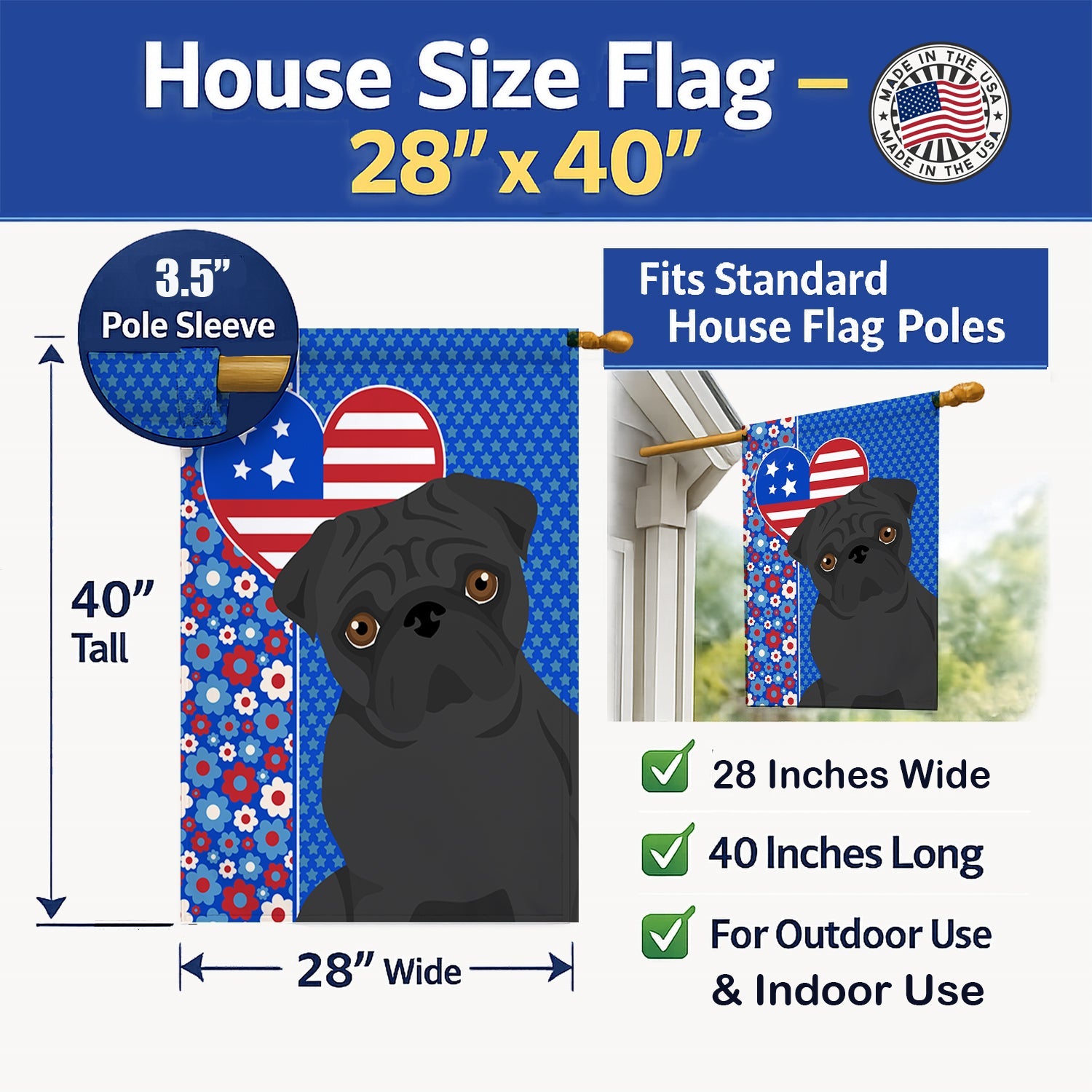 Black Pug USA American House Flag 28x40 Porch Sleeve Pole Decorative Outside Yard Banner Artwork Wall Hanging, Polyester