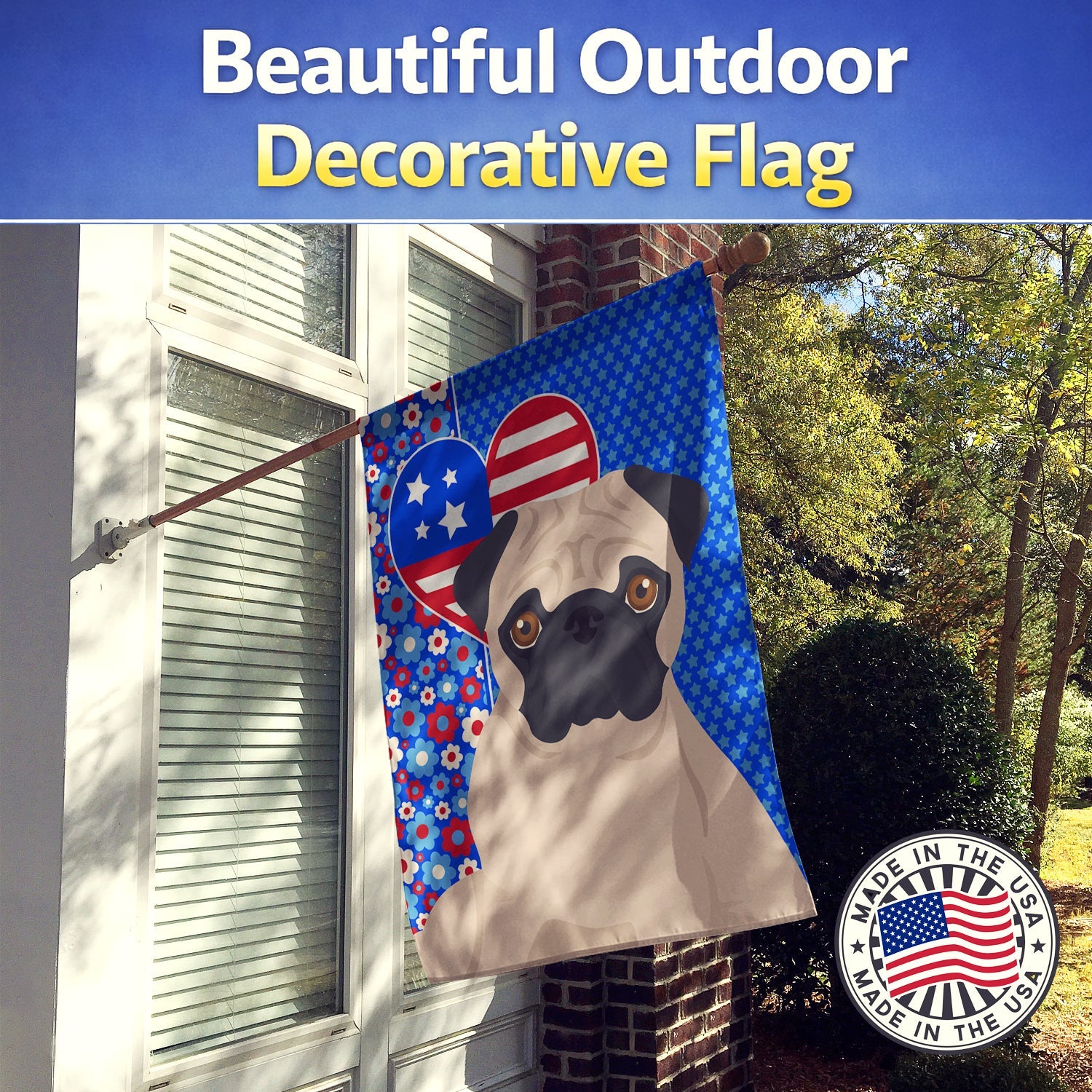 Fawn Pug USA American House Flag 28x40 Porch Sleeve Pole Decorative Outside Yard Banner Artwork Wall Hanging, Polyester