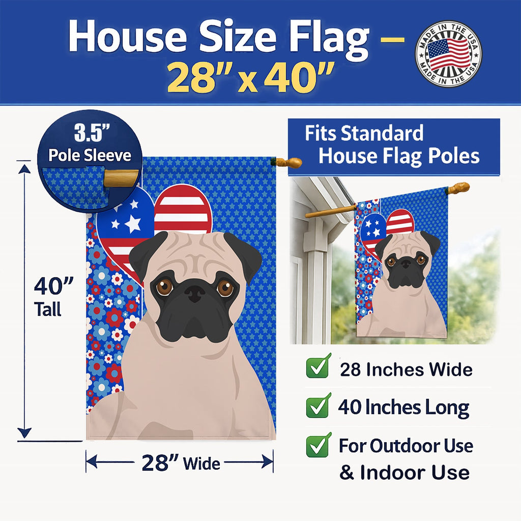 Fawn Pug USA American House Flag 28x40 Porch Sleeve Pole Decorative Outside Yard Banner Artwork Wall Hanging, Polyester