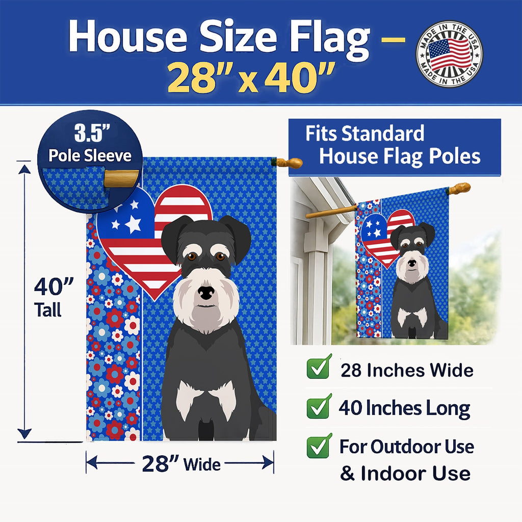 Black and Silver Natural Ears Schnauzer USA American House Flag 28x40 Porch Sleeve Pole Decorative Outside Yard Banner Artwork Wall Hanging, Polyester