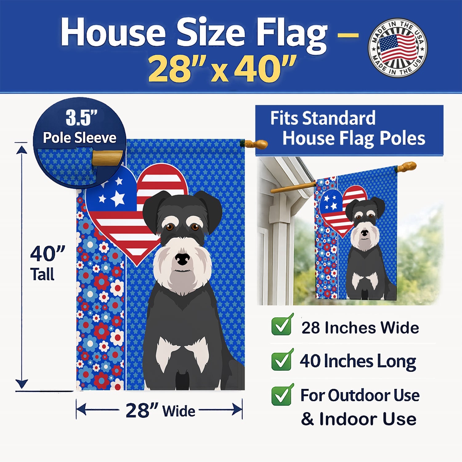 Black and Silver Natural Ears Schnauzer USA American House Flag 28x40 Porch Sleeve Pole Decorative Outside Yard Banner Artwork Wall Hanging, Polyester