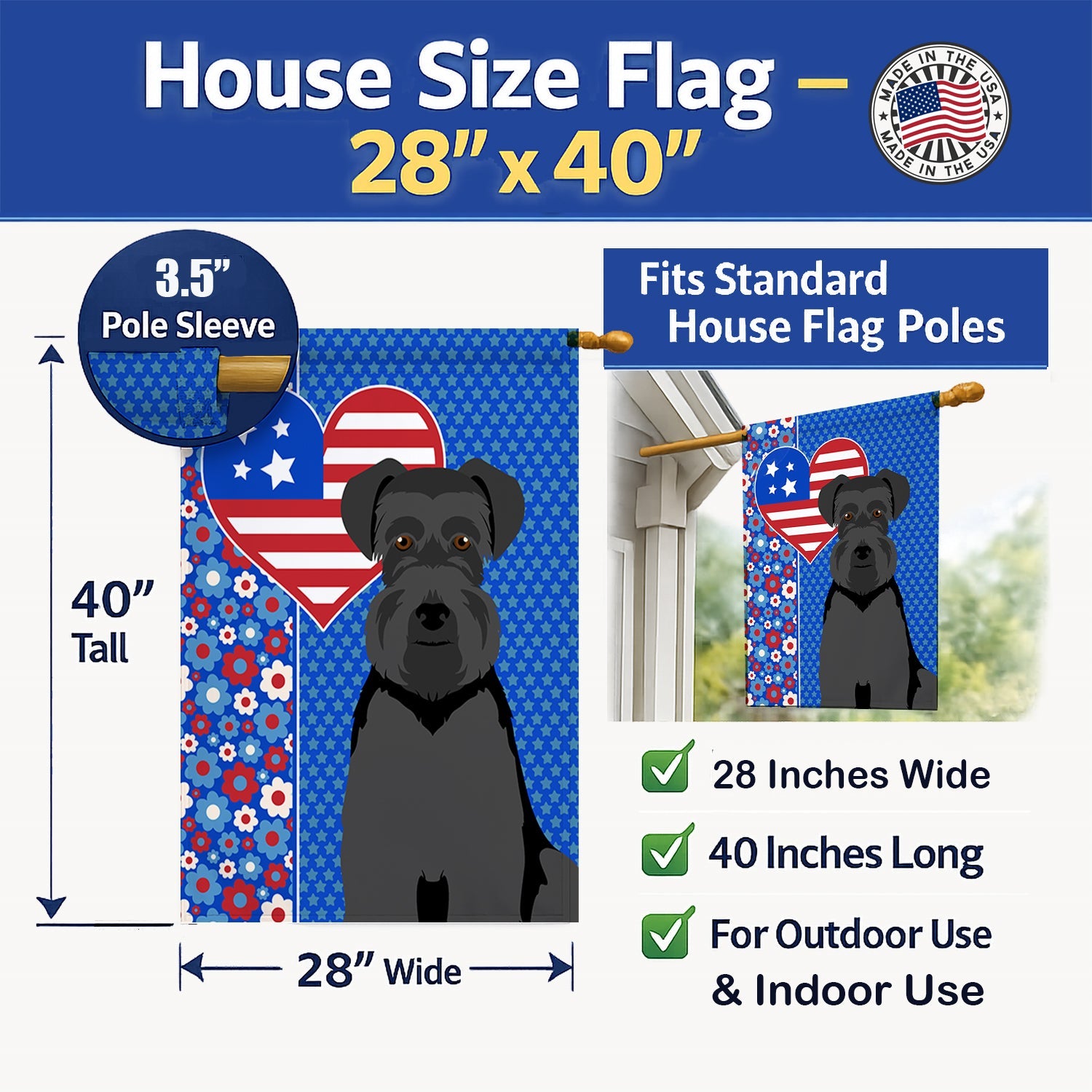 Black Natural Ears Schnauzer USA American House Flag 28x40 Porch Sleeve Pole Decorative Outside Yard Banner Artwork Wall Hanging, Polyester