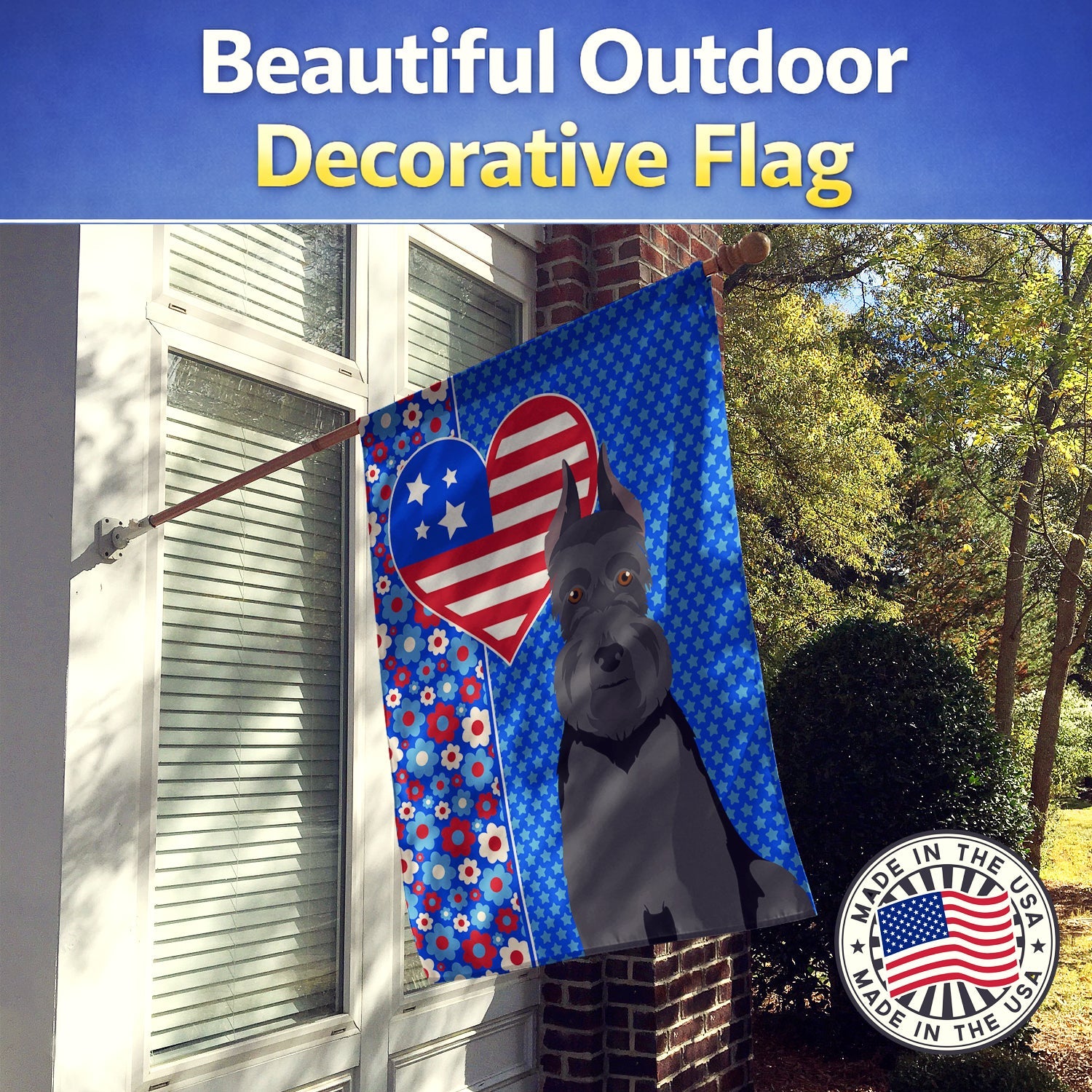 Black Schnauzer USA American House Flag 28x40 Porch Sleeve Pole Decorative Outside Yard Banner Artwork Wall Hanging, Polyester