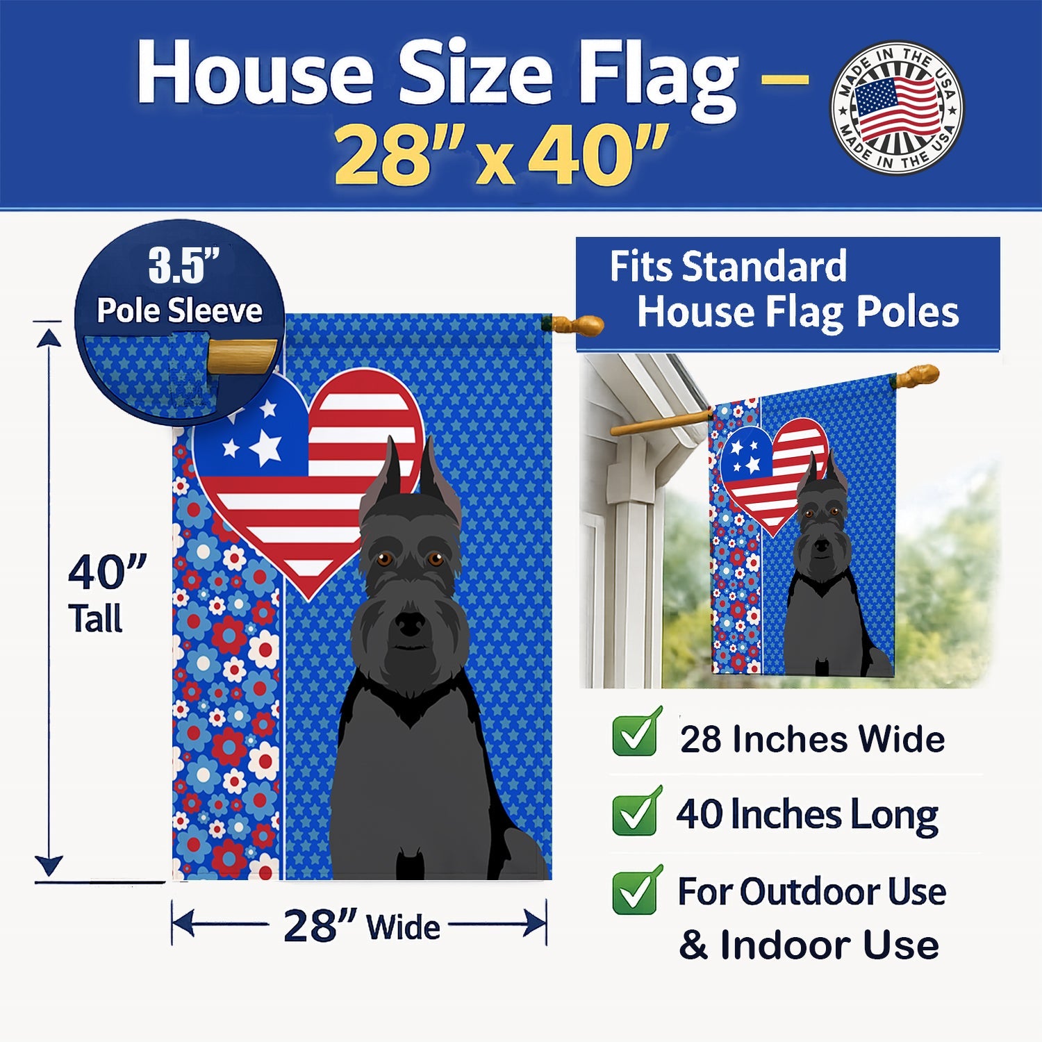 Black Schnauzer USA American House Flag 28x40 Porch Sleeve Pole Decorative Outside Yard Banner Artwork Wall Hanging, Polyester