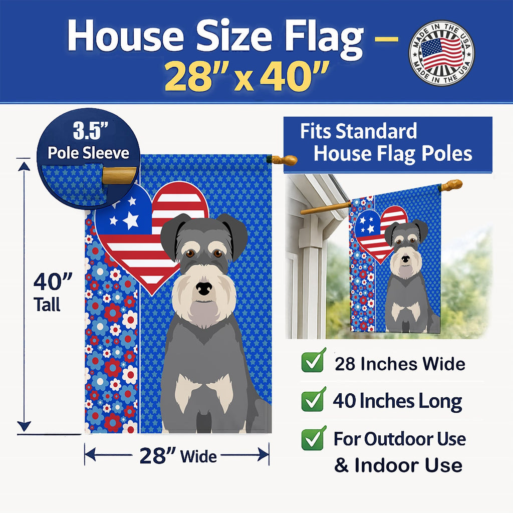 Salt Pepper Natural Ears Schnauzer USA American House Flag 28x40 Porch Sleeve Pole Decorative Outside Yard Banner Artwork Wall Hanging, Polyester