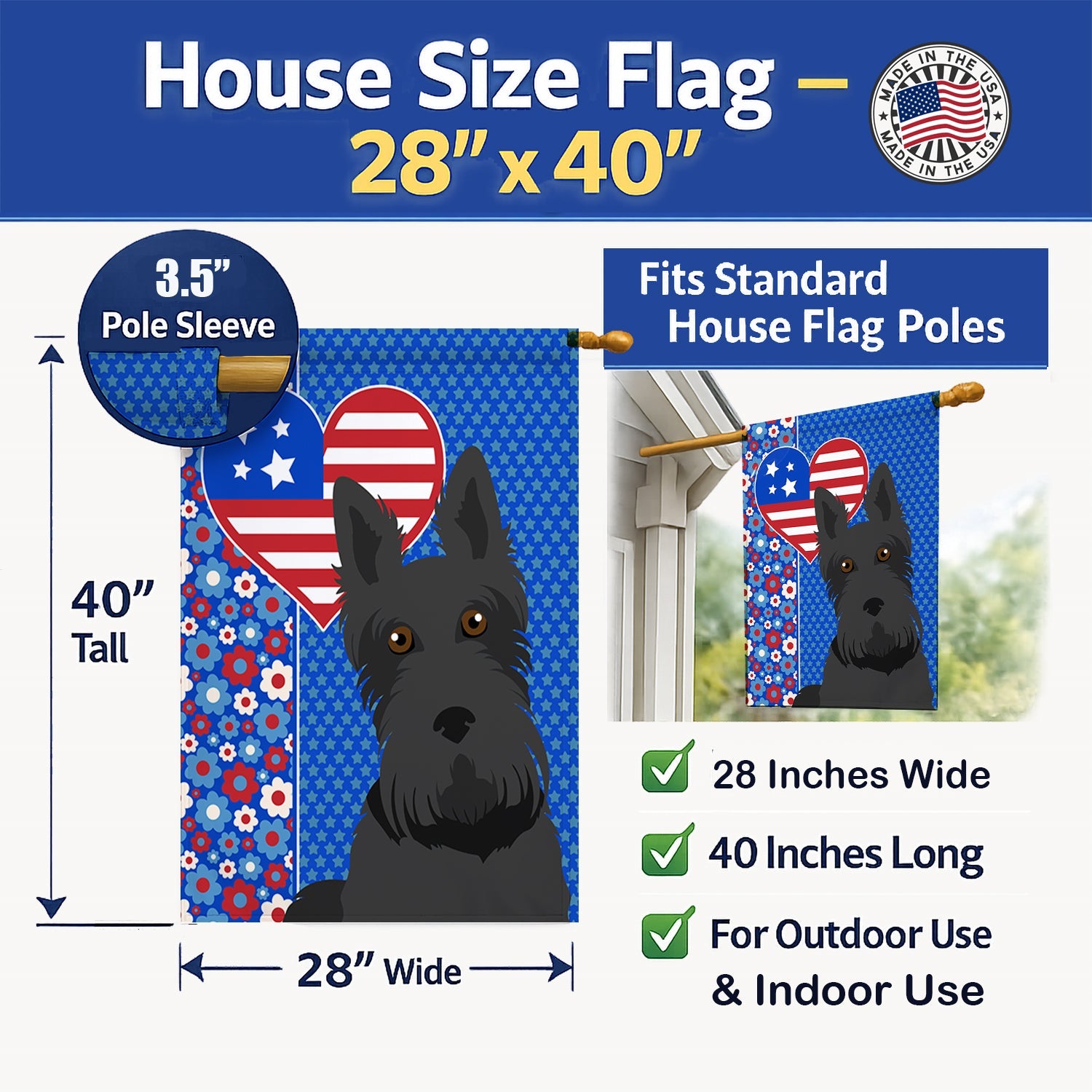 Black Scottish Terrier USA American House Flag 28x40 Porch Sleeve Pole Decorative Outside Yard Banner Artwork Wall Hanging, Polyester