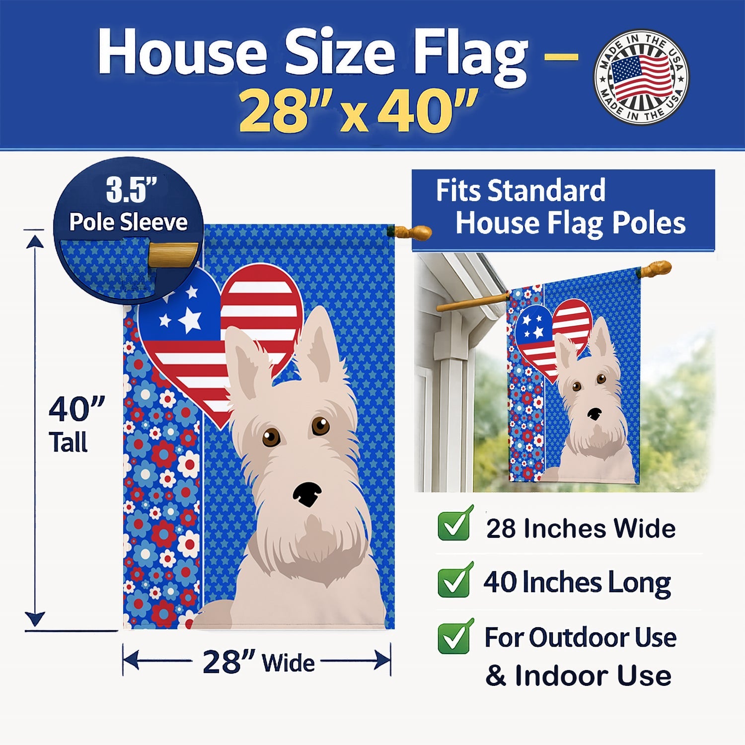 Wheaten Scottish Terrier USA American House Flag 28x40 Porch Sleeve Pole Decorative Outside Yard Banner Artwork Wall Hanging, Polyester
