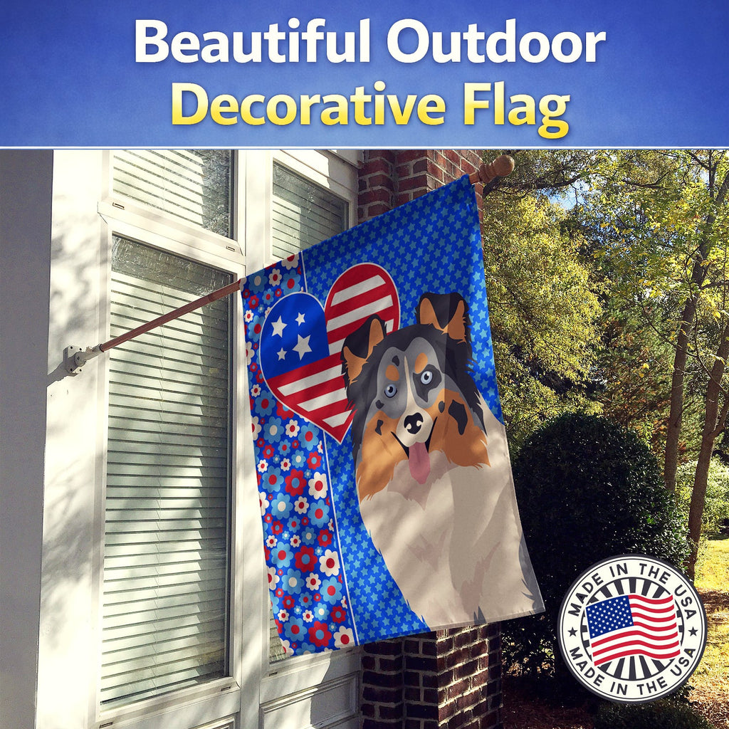 Blue Merle Sheltie USA American House Flag 28x40 Porch Sleeve Pole Decorative Outside Yard Banner Artwork Wall Hanging, Polyester