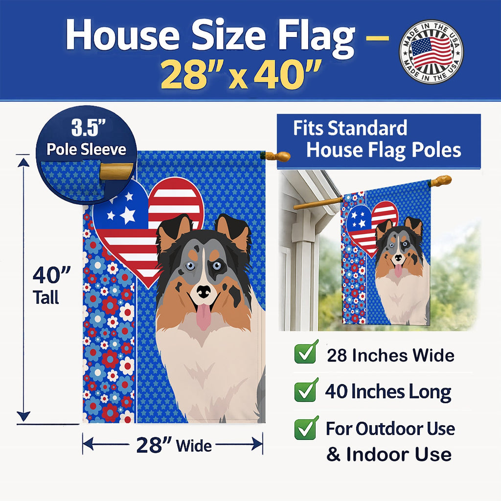 Blue Merle Sheltie USA American House Flag 28x40 Porch Sleeve Pole Decorative Outside Yard Banner Artwork Wall Hanging, Polyester