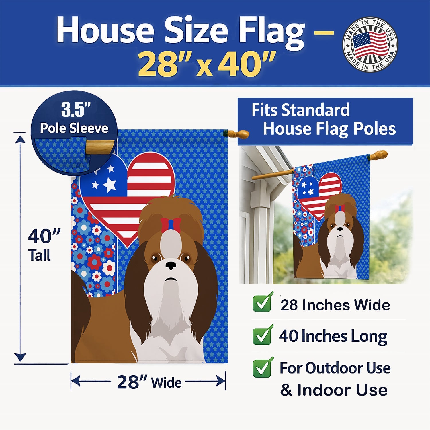 Red and White Shih Tzu USA American House Flag 28x40 Porch Sleeve Pole Decorative Outside Yard Banner Artwork Wall Hanging, Polyester