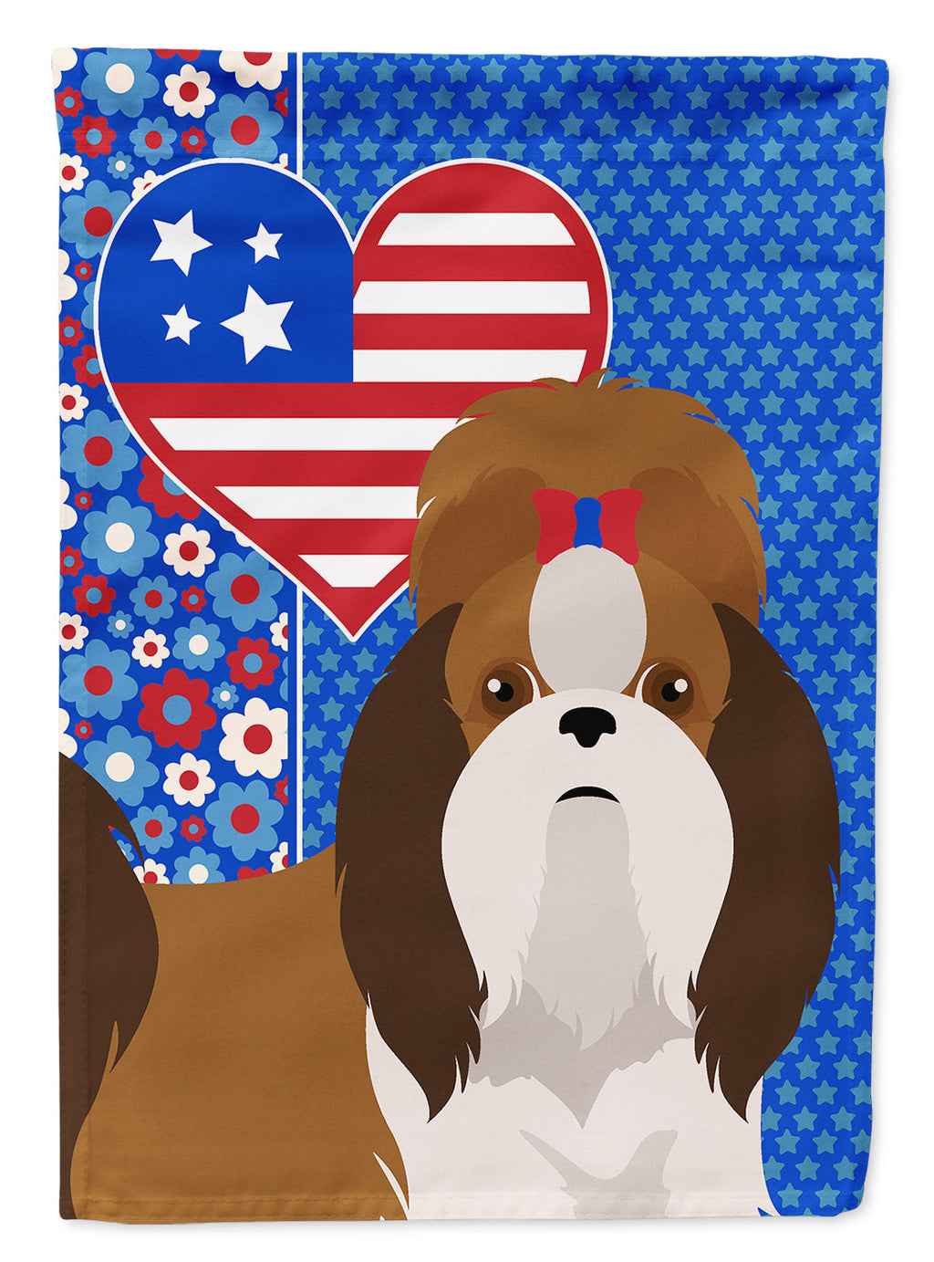 Red and White Shih Tzu USA American House Flag 28x40 Porch Sleeve Pole Decorative Outside Yard Banner Artwork Wall Hanging, Polyester