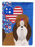 Red and White Shih Tzu USA American House Flag 28x40 Porch Sleeve Pole Decorative Outside Yard Banner Artwork Wall Hanging, Polyester