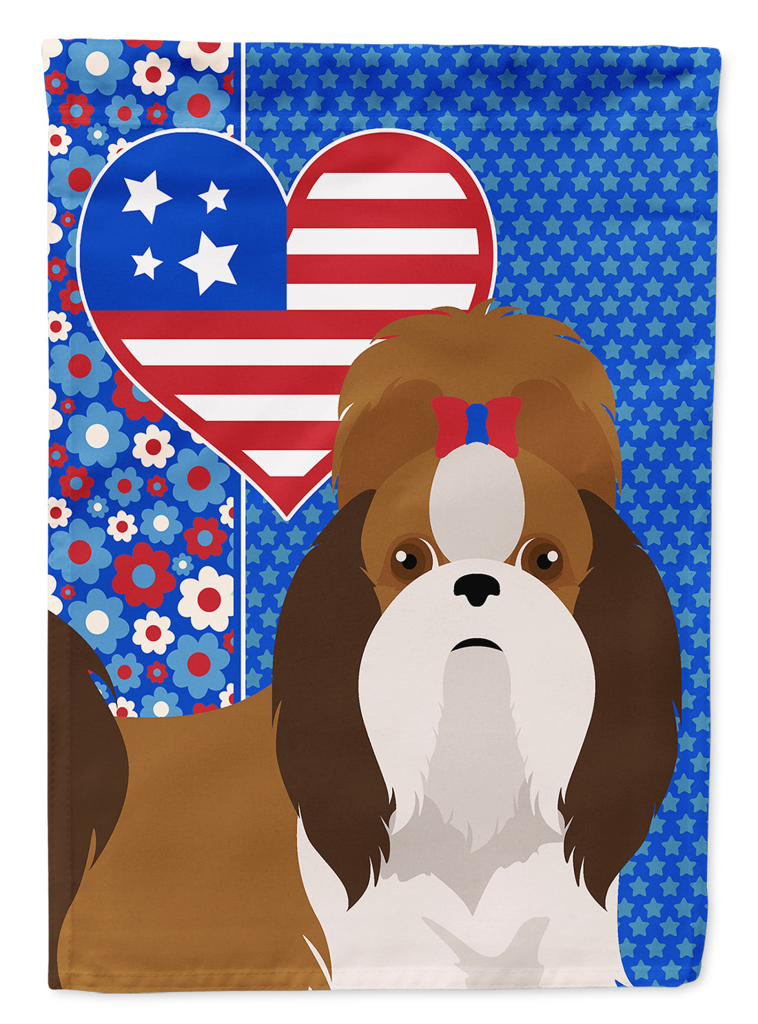 Red and White Shih Tzu USA American House Flag 28x40 Porch Sleeve Pole Decorative Outside Yard Banner Artwork Wall Hanging, Polyester