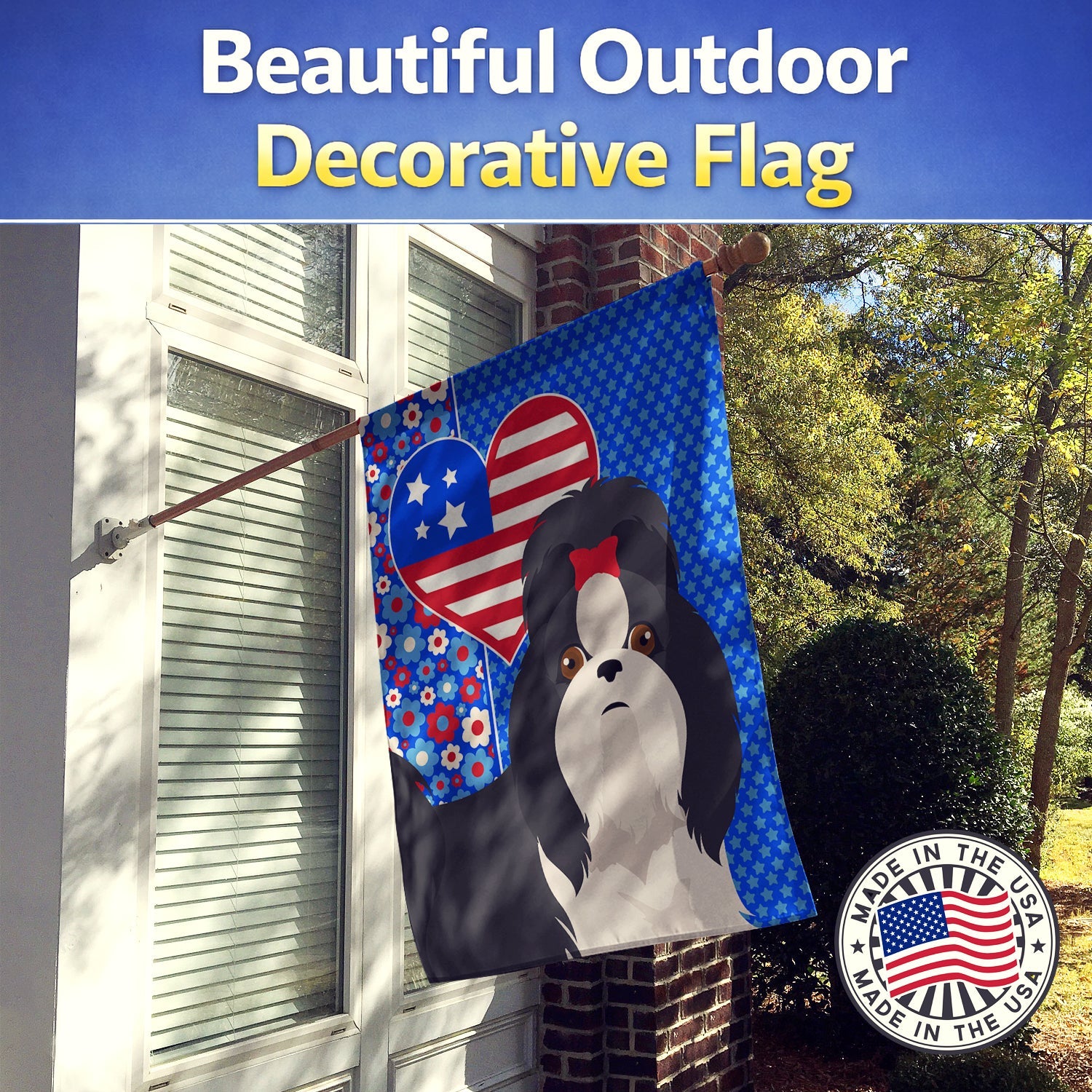 Black and White Shih Tzu USA American House Flag 28x40 Porch Sleeve Pole Decorative Outside Yard Banner Artwork Wall Hanging, Polyester