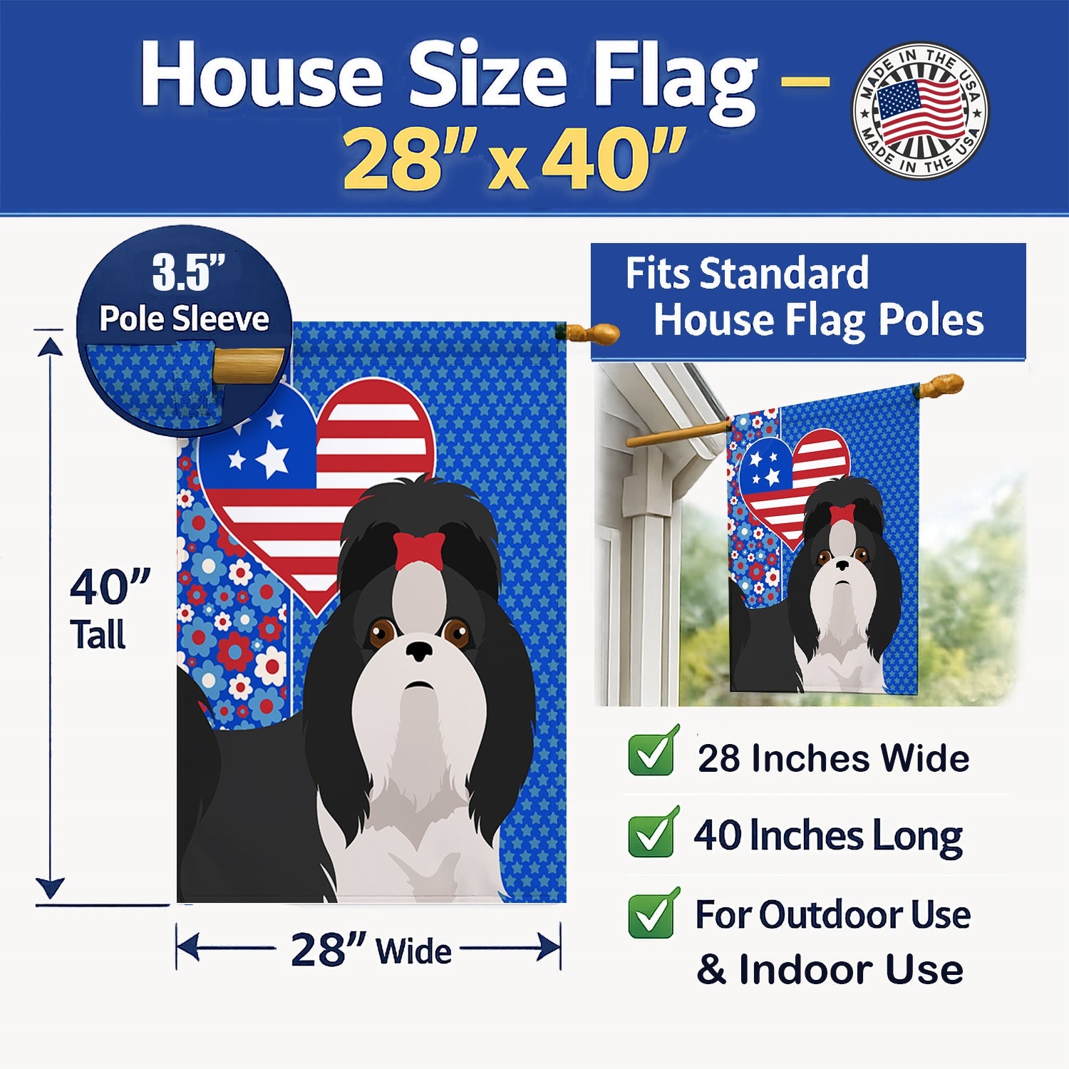 Black and White Shih Tzu USA American House Flag 28x40 Porch Sleeve Pole Decorative Outside Yard Banner Artwork Wall Hanging, Polyester