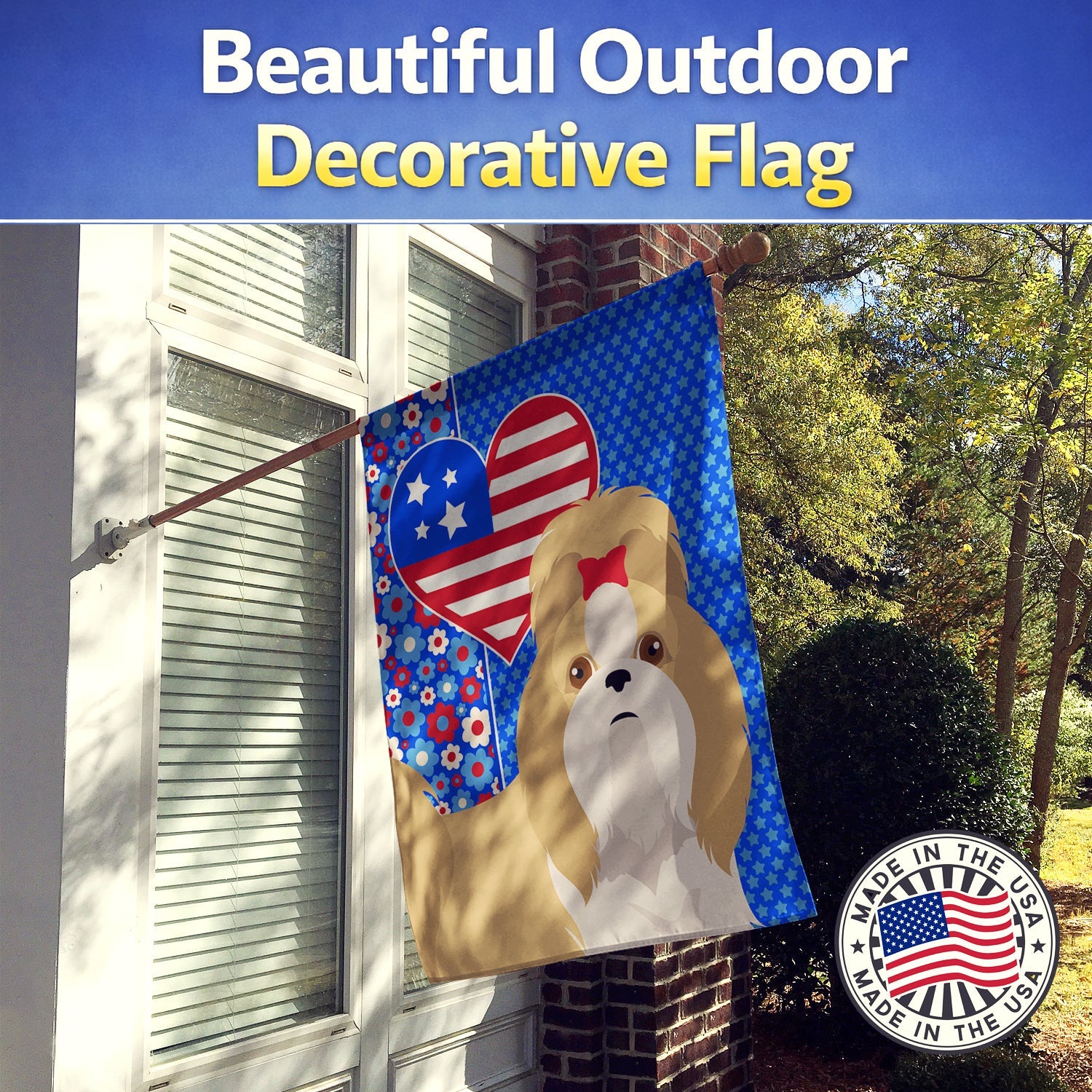 Gold and White Shih Tzu USA American House Flag 28x40 Porch Sleeve Pole Decorative Outside Yard Banner Artwork Wall Hanging, Polyester