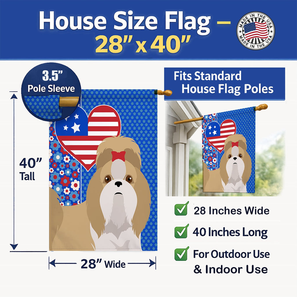 Gold and White Shih Tzu USA American House Flag 28x40 Porch Sleeve Pole Decorative Outside Yard Banner Artwork Wall Hanging, Polyester
