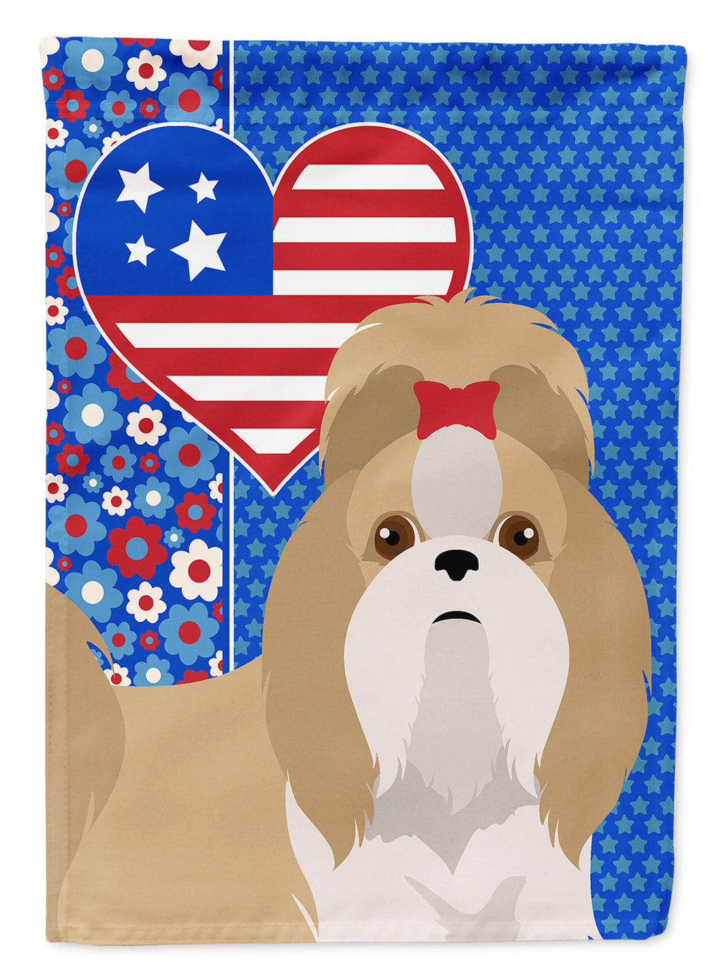 Gold and White Shih Tzu USA American House Flag 28x40 Porch Sleeve Pole Decorative Outside Yard Banner Artwork Wall Hanging, Polyester