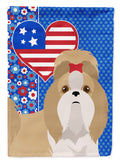 Gold and White Shih Tzu USA American House Flag 28x40 Porch Sleeve Pole Decorative Outside Yard Banner Artwork Wall Hanging, Polyester