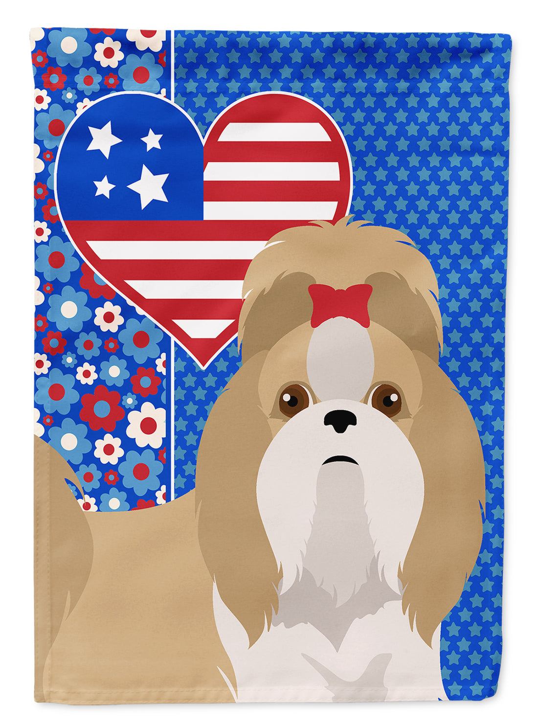 Gold and White Shih Tzu USA American House Flag 28x40 Porch Sleeve Pole Decorative Outside Yard Banner Artwork Wall Hanging, Polyester