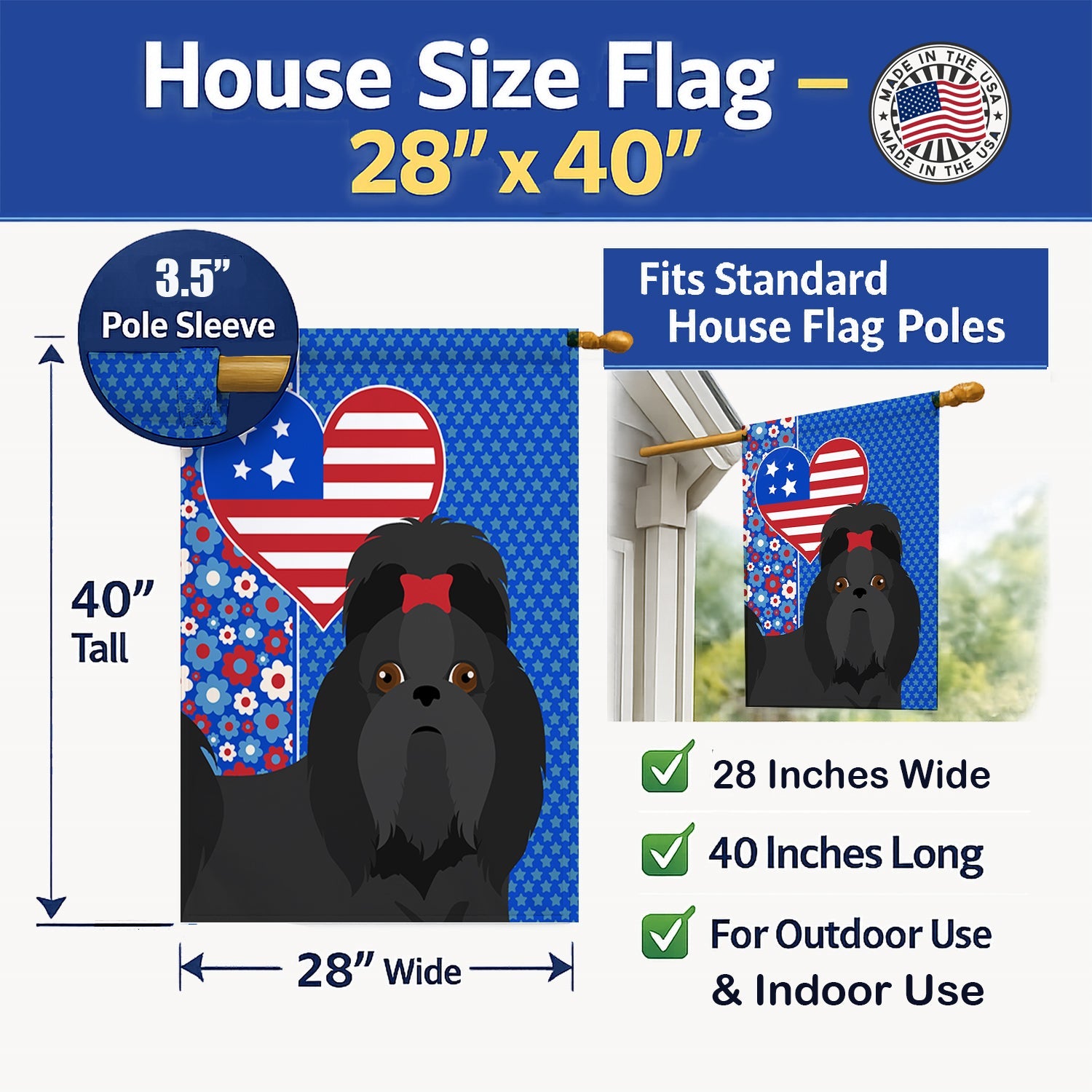 Black Shih Tzu USA American House Flag 28x40 Porch Sleeve Pole Decorative Outside Yard Banner Artwork Wall Hanging, Polyester