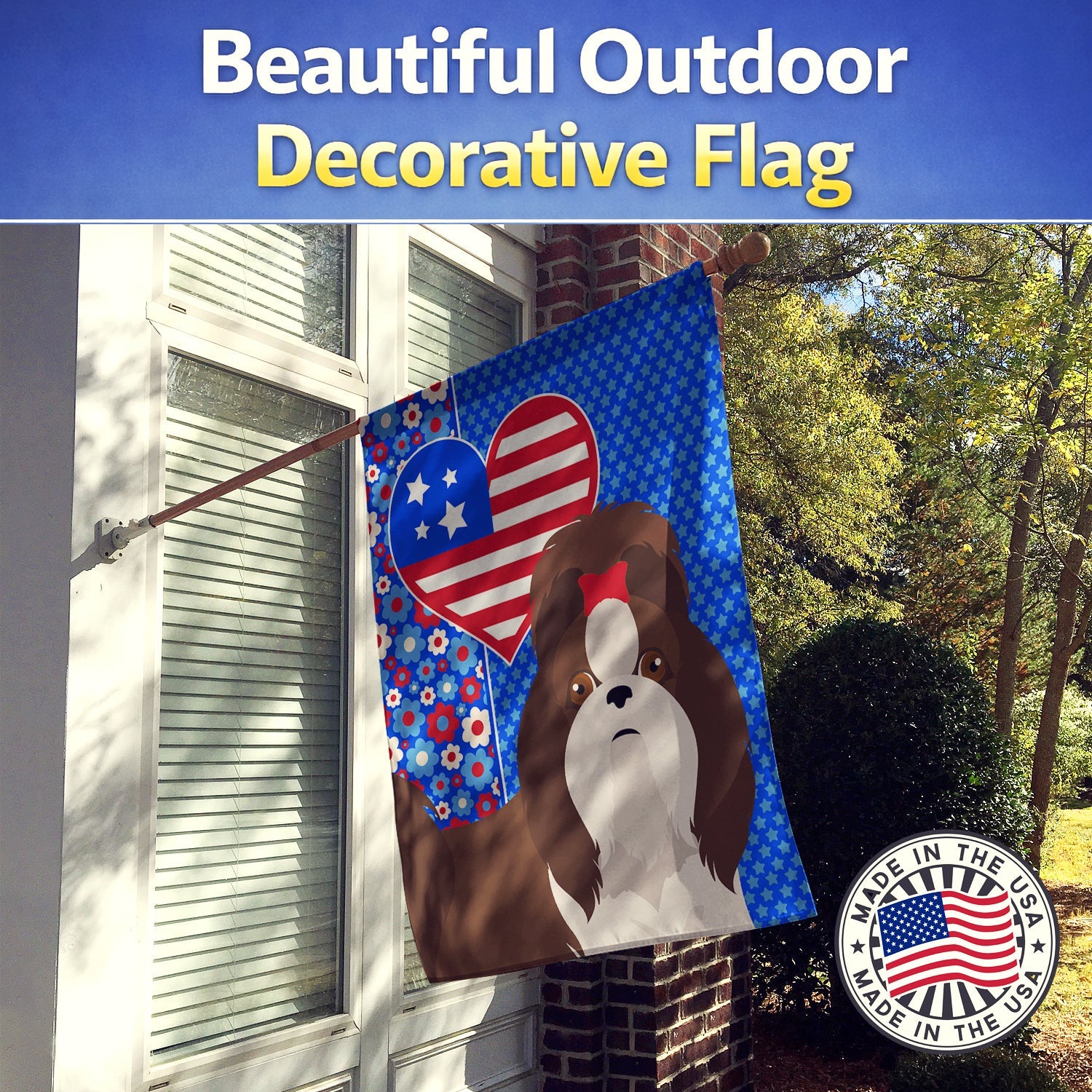 Liver and White Shih Tzu USA American House Flag 28x40 Porch Sleeve Pole Decorative Outside Yard Banner Artwork Wall Hanging, Polyester