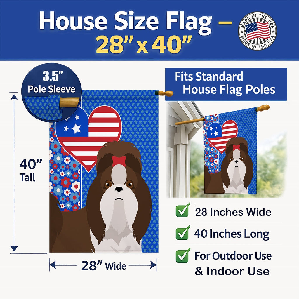 Liver and White Shih Tzu USA American House Flag 28x40 Porch Sleeve Pole Decorative Outside Yard Banner Artwork Wall Hanging, Polyester