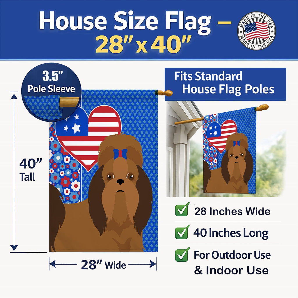 Red Shih Tzu USA American House Flag 28x40 Porch Sleeve Pole Decorative Outside Yard Banner Artwork Wall Hanging, Polyester