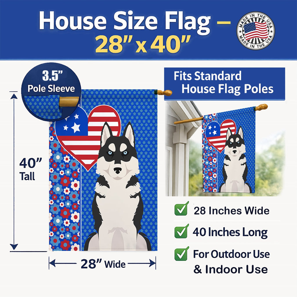 Black Siberian Husky USA American House Flag 28x40 Porch Sleeve Pole Decorative Outside Yard Banner Artwork Wall Hanging, Polyester