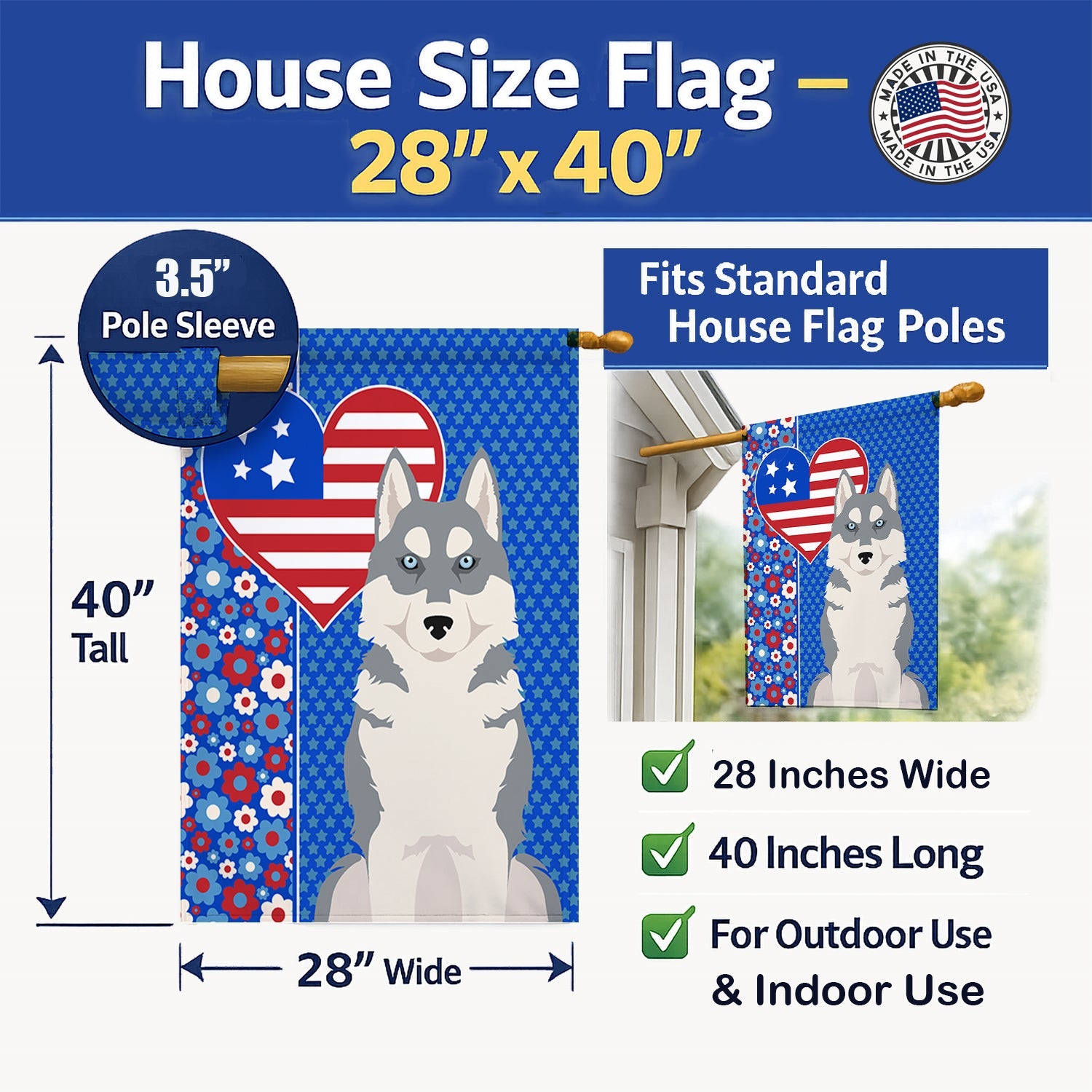 Grey Siberian Husky USA American House Flag 28x40 Porch Sleeve Pole Decorative Outside Yard Banner Artwork Wall Hanging, Polyester