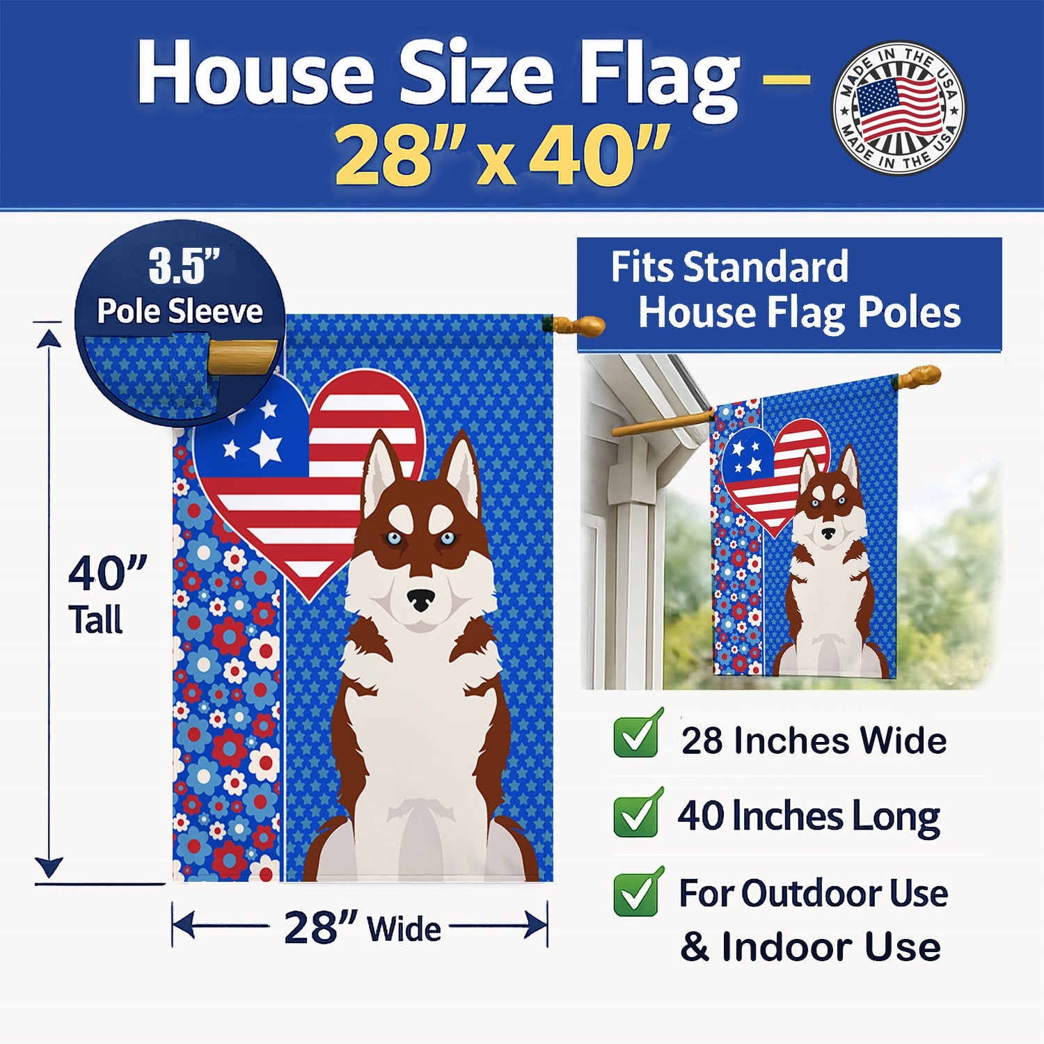 Red Siberian Husky USA American House Flag 28x40 Porch Sleeve Pole Decorative Outside Yard Banner Artwork Wall Hanging, Polyester