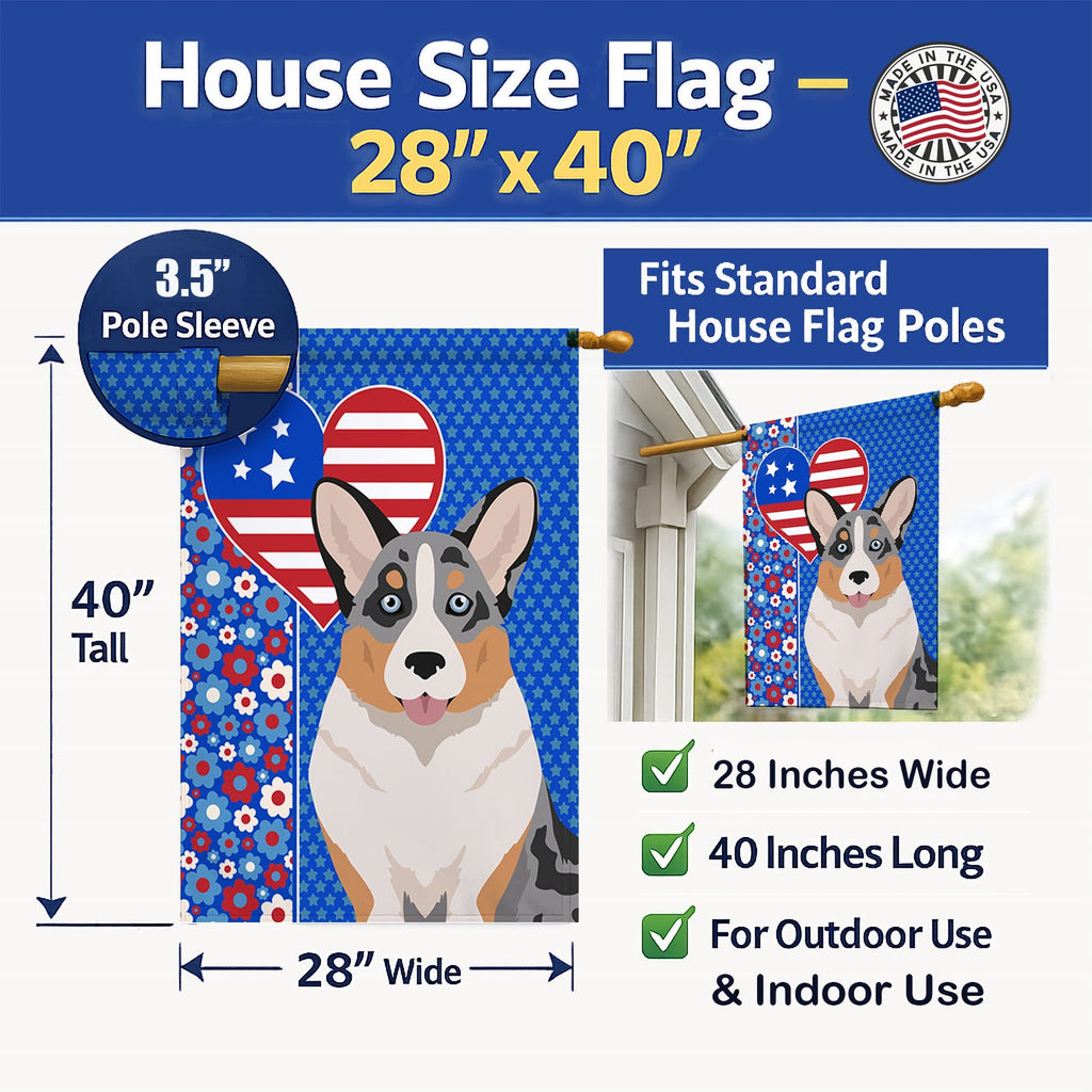 Blue Merle Cardigan Corgi USA American House Flag 28x40 Porch Sleeve Pole Decorative Outside Yard Banner Artwork Wall Hanging, Polyester