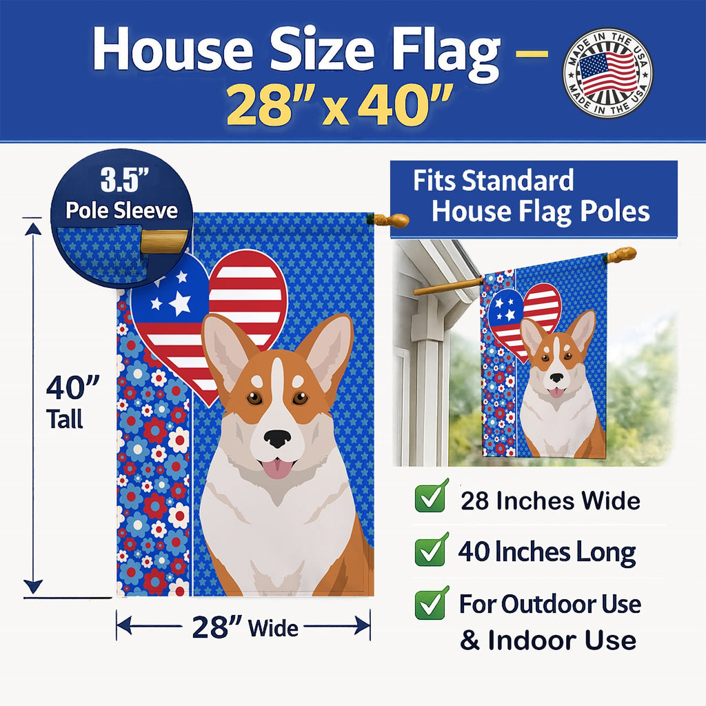 Red Cardigan Corgi USA American House Flag 28x40 Porch Sleeve Pole Decorative Outside Yard Banner Artwork Wall Hanging, Polyester
