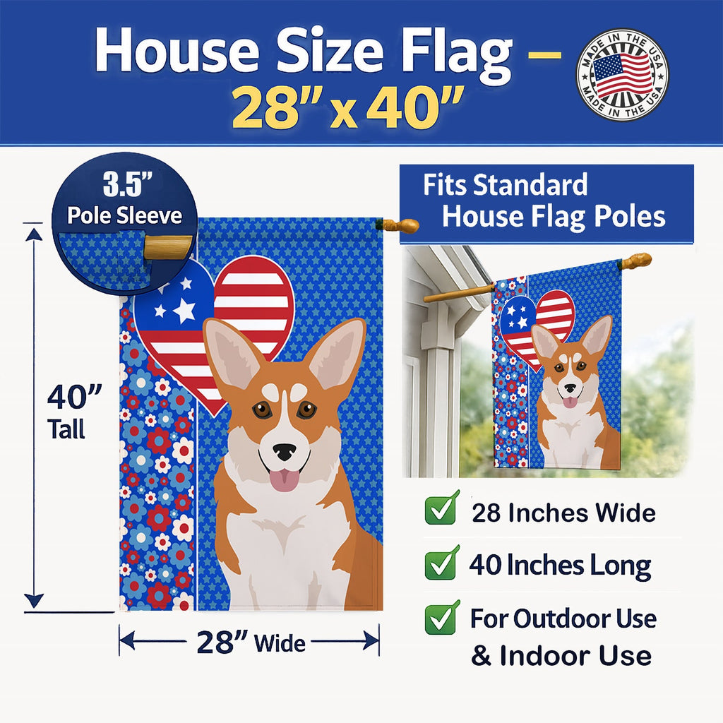 Red Pembroke Corgi USA American House Flag 28x40 Porch Sleeve Pole Decorative Outside Yard Banner Artwork Wall Hanging, Polyester