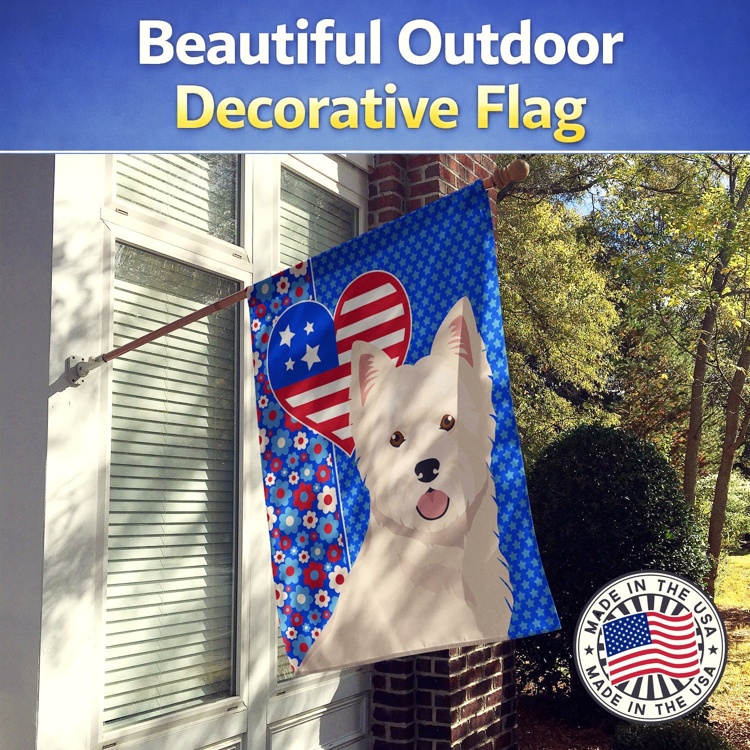 Westie West Highland White Terrier USA American House Flag 28x40 Porch Sleeve Pole Decorative Outside Yard Banner Artwork Wall Hanging, Polyester