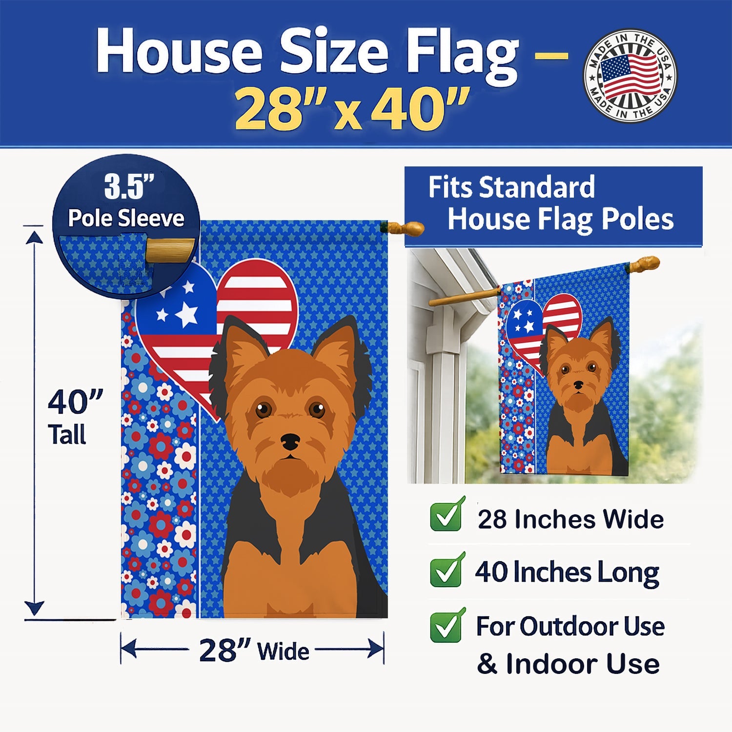 Black and Tan Puppy Cut Yorkshire Terrier USA American House Flag 28x40 Porch Sleeve Pole Decorative Outside Yard Banner Artwork Wall Hanging, Polyester