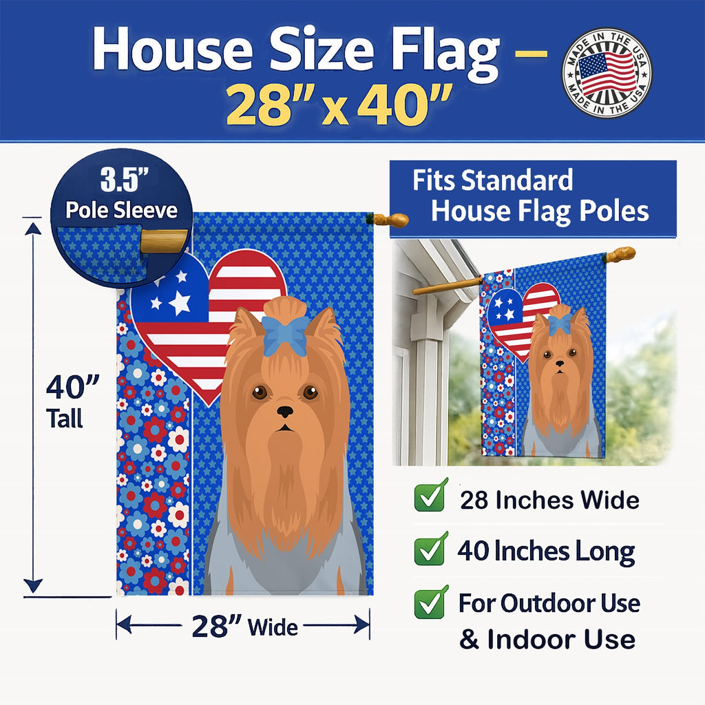 Blue and Tan Full Coat Yorkshire Terrier USA American House Flag 28x40 Porch Sleeve Pole Decorative Outside Yard Banner Artwork Wall Hanging, Polyester